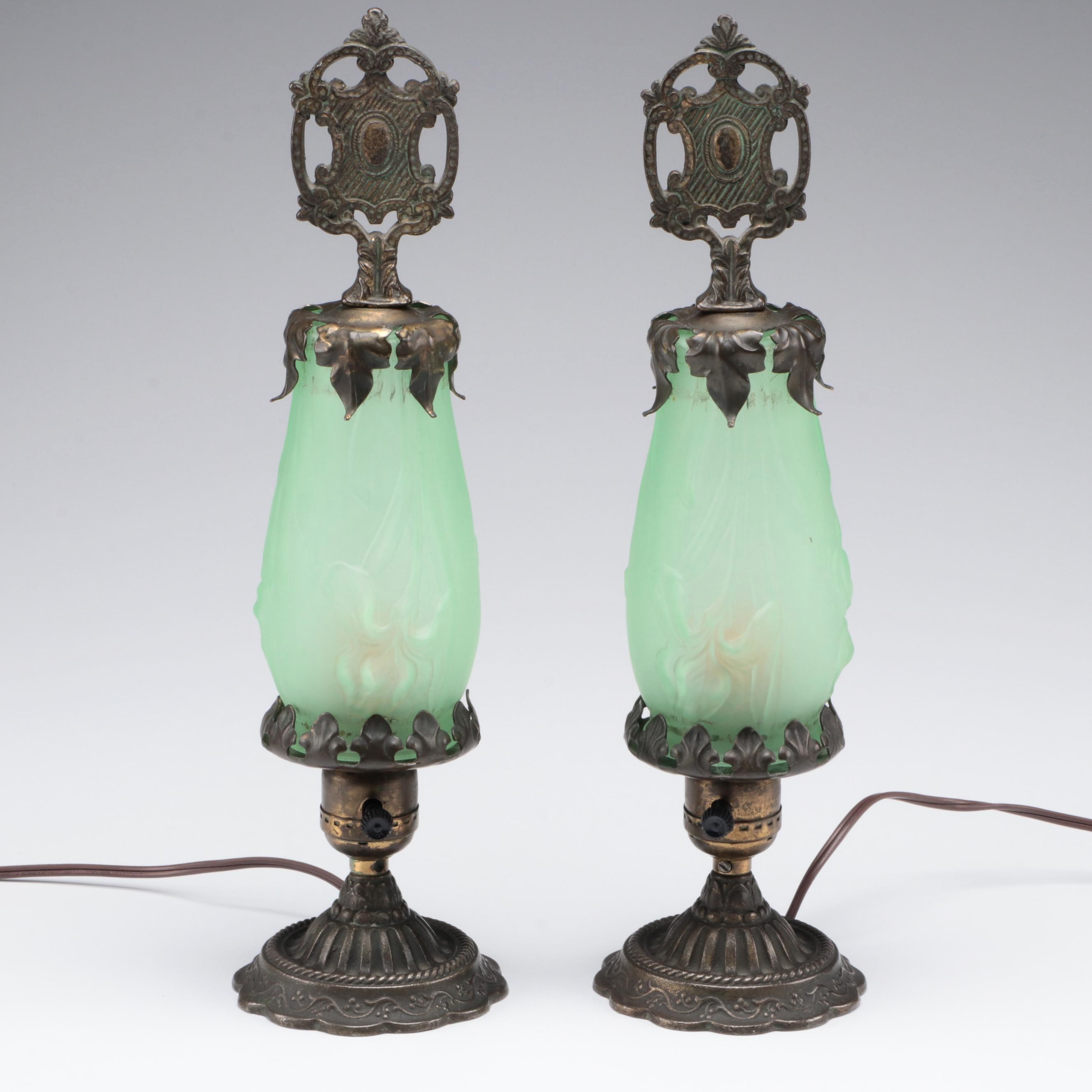 Pair of Victorian Style Boudoir Lamps with Satin Uranium Glass Shades, 1930s