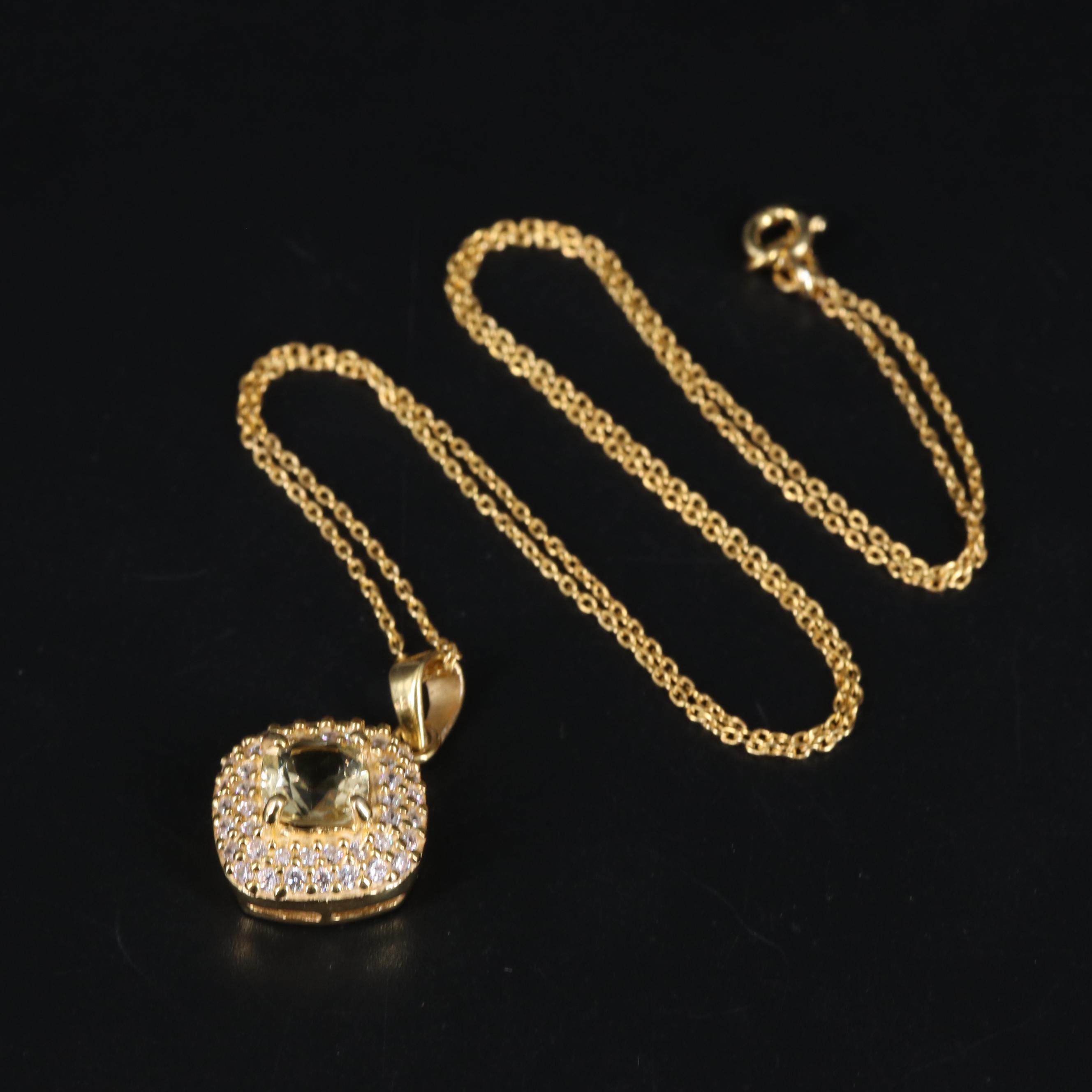 Sterling Silver Necklace Including Gemstone and Cubic Zirconia