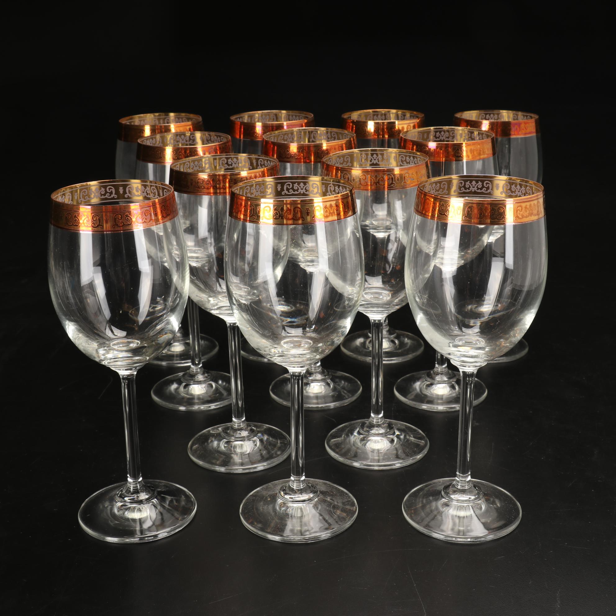 Blown Glass Bell Shaped Decanter with Other Gilt Rimmed Wine Glasses