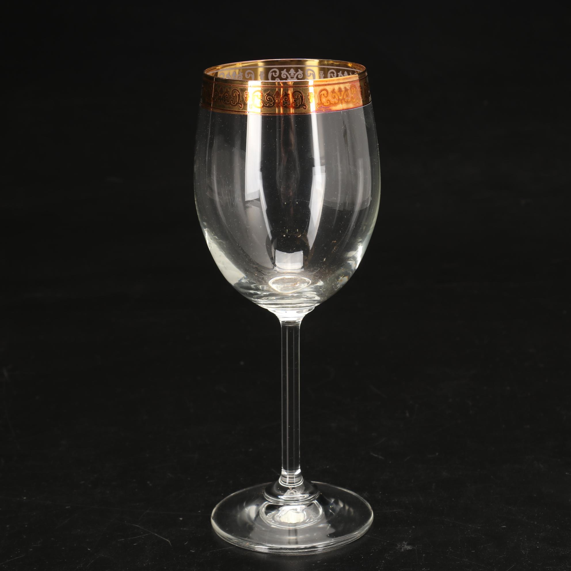 Blown Glass Bell Shaped Decanter with Other Gilt Rimmed Wine Glasses