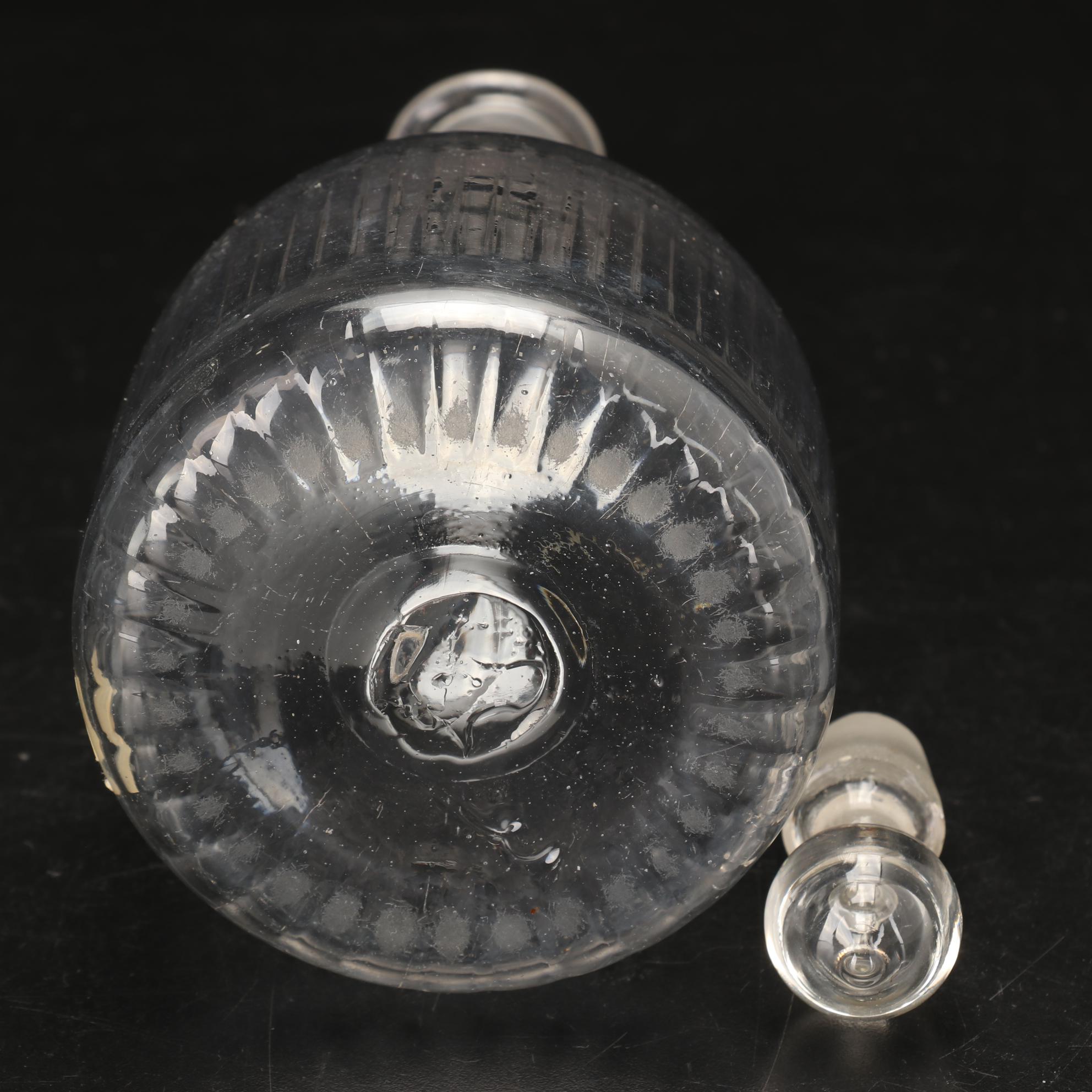 Blown Glass Bell Shaped Decanter with Other Gilt Rimmed Wine Glasses