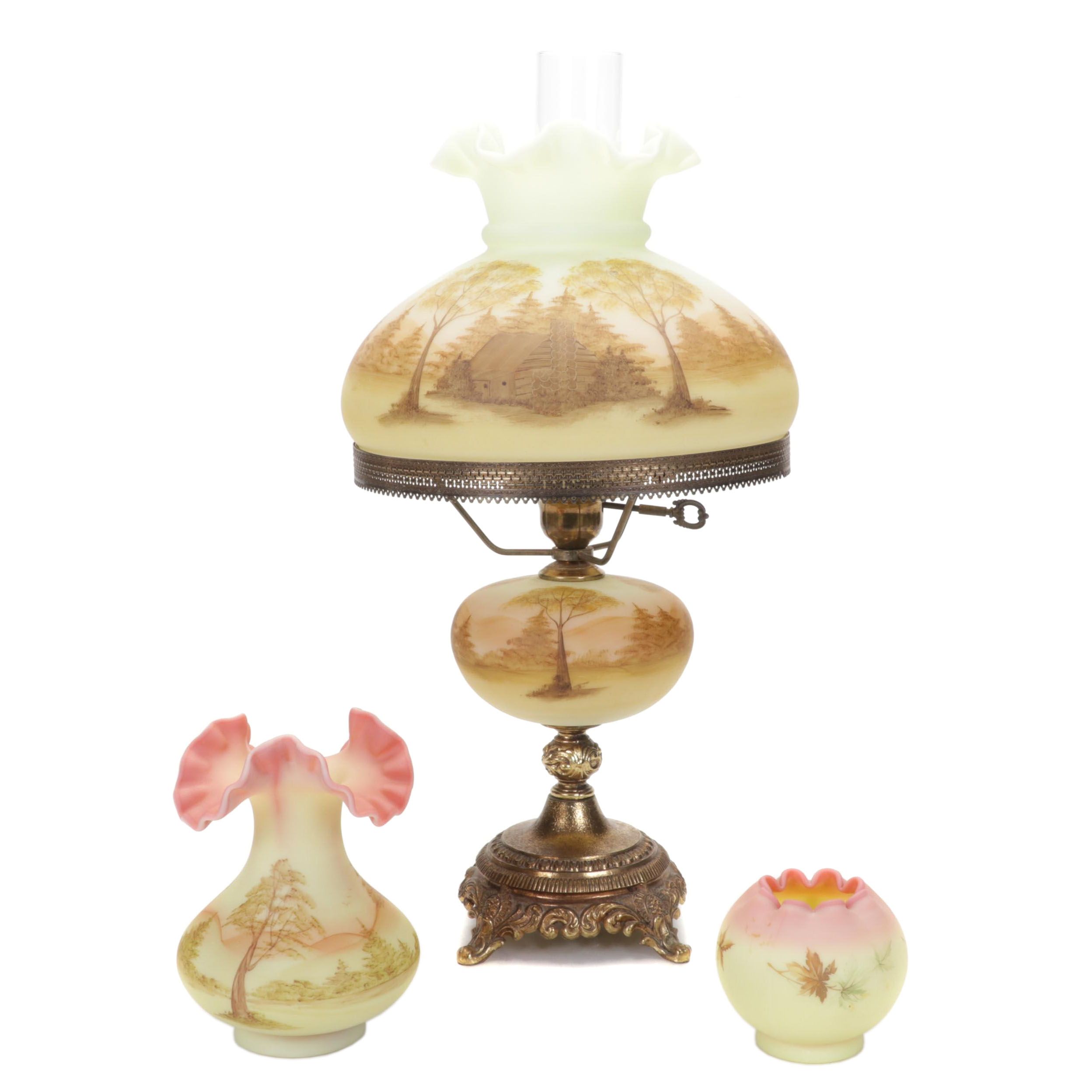 Fenton Hand-Painted Custard Glass Parlor Lamp, Burmese Satin Vase, Rose Bowl