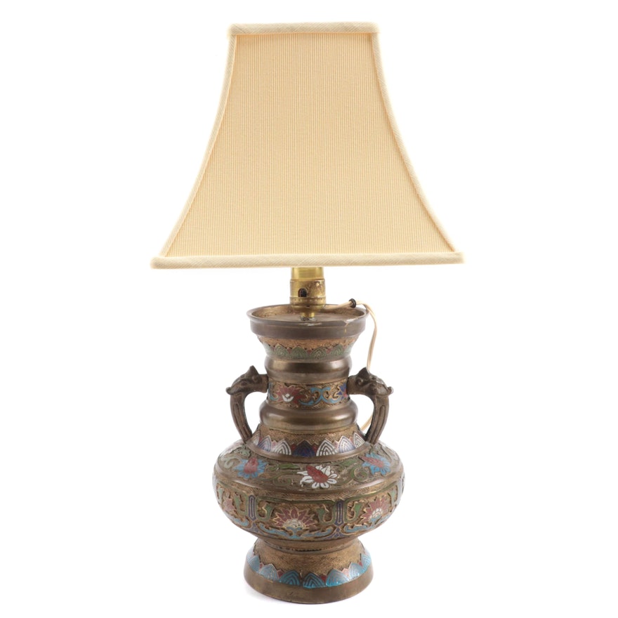 Japanese Bronze Champleve and Cloisonné Vase Table Lamp, Mid-20th Century