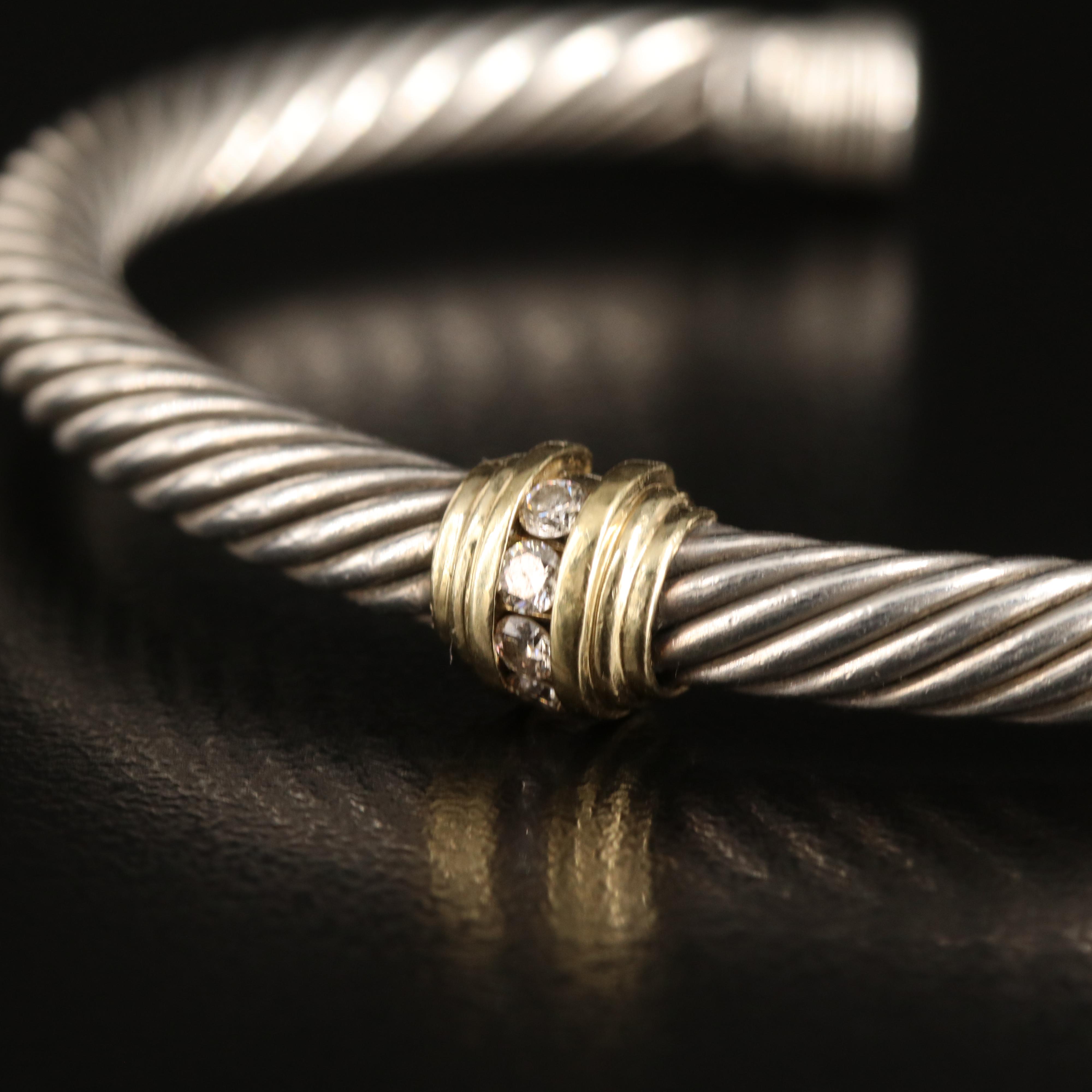 David Yurman "Classic Cable" Sterling Diamond Cuff with 18K Accent