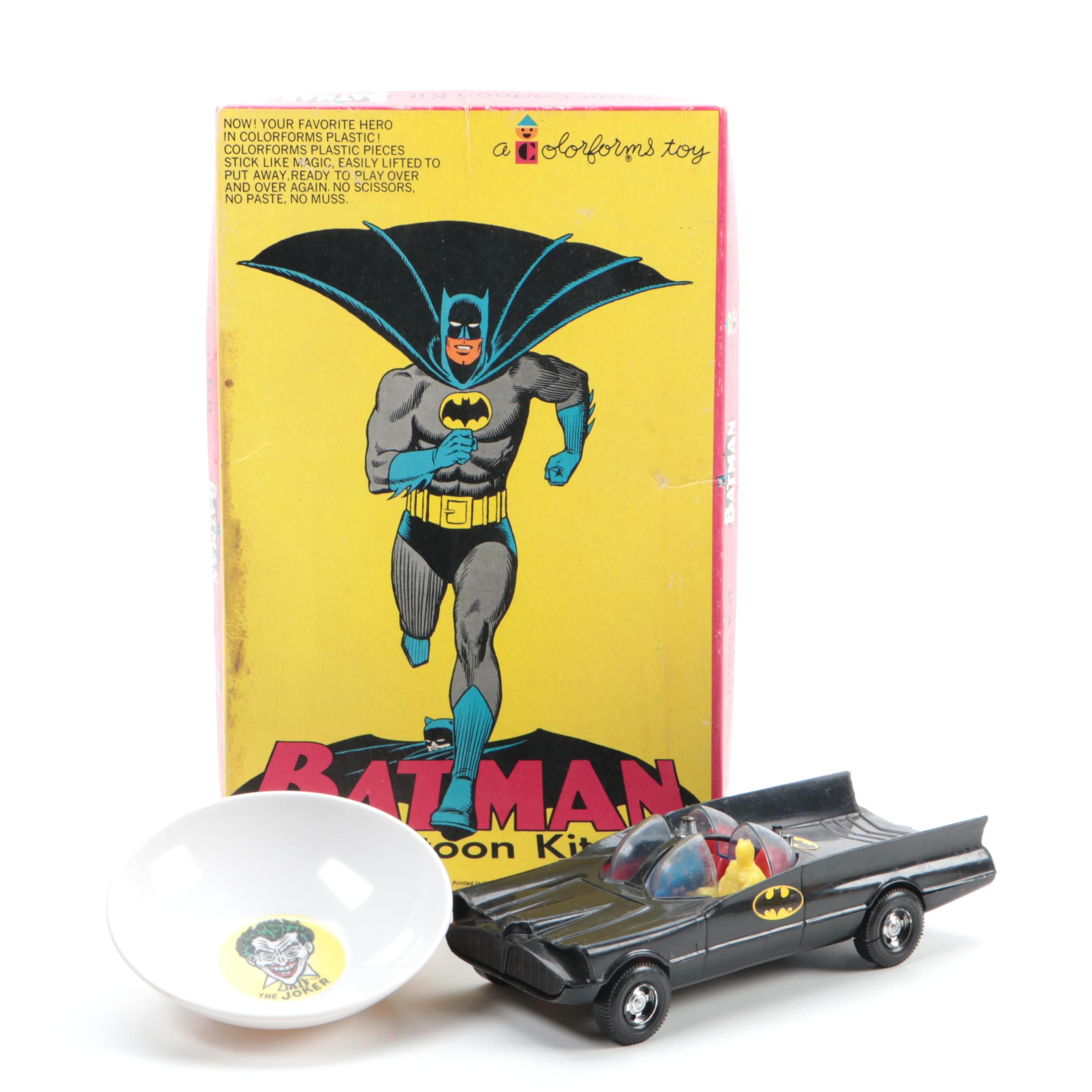 Batman Cartoon Kit and Model Batmobile with The Joker Bowl, Late 20th Century