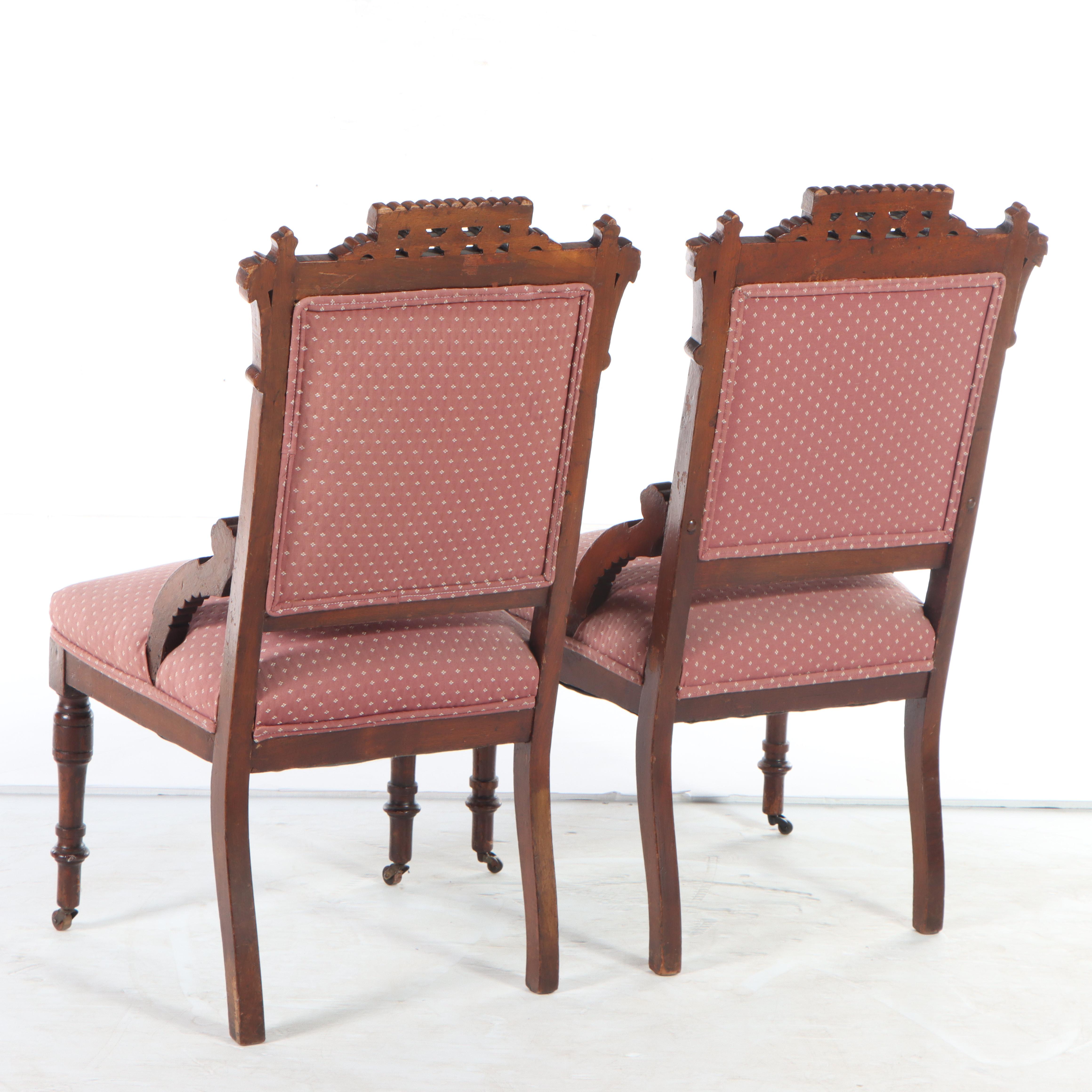 Pair of Victorian Carved Walnut and Custom-Upholstered Side Chairs