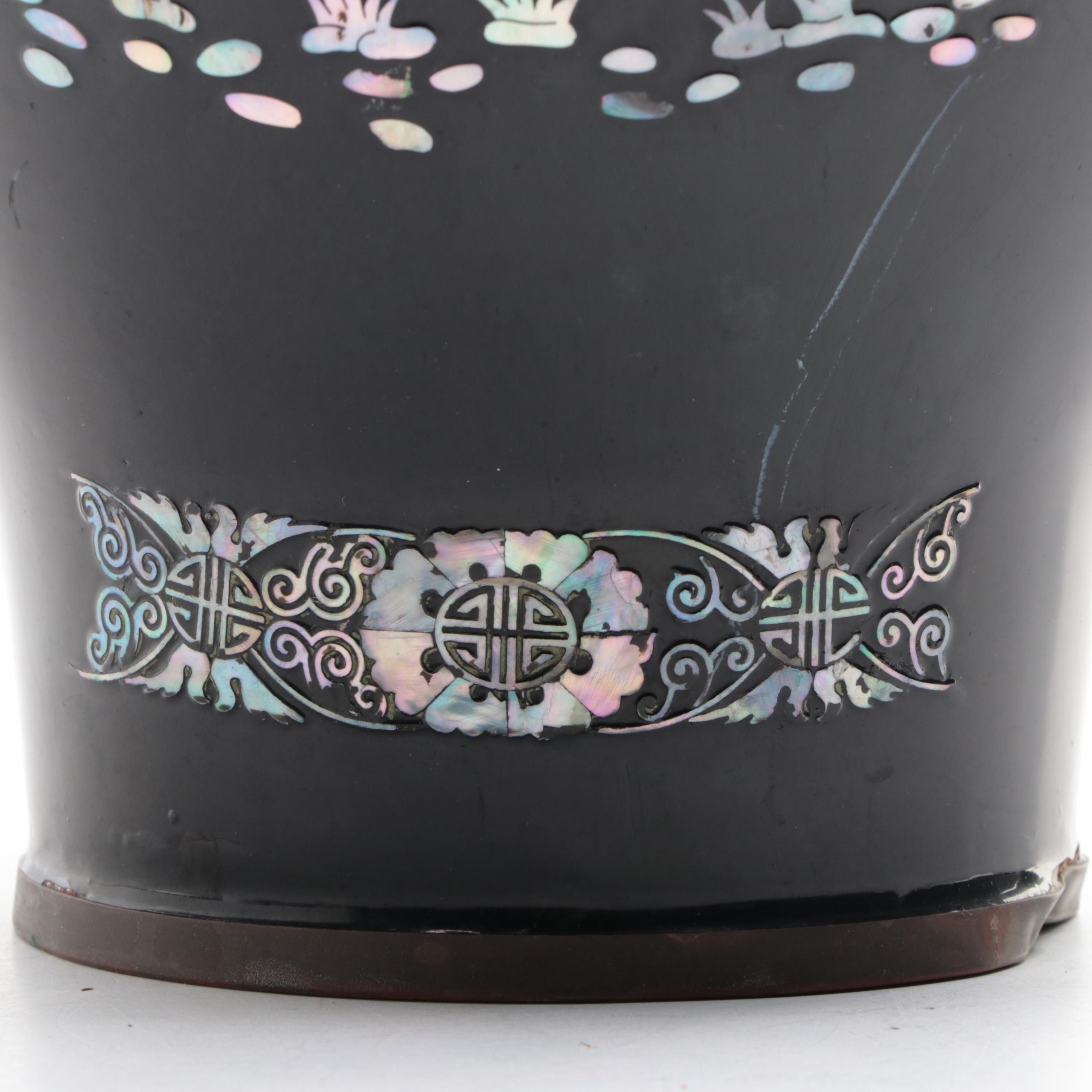 Korean Black Lacquer Vase With Abalone Inlay Cranes