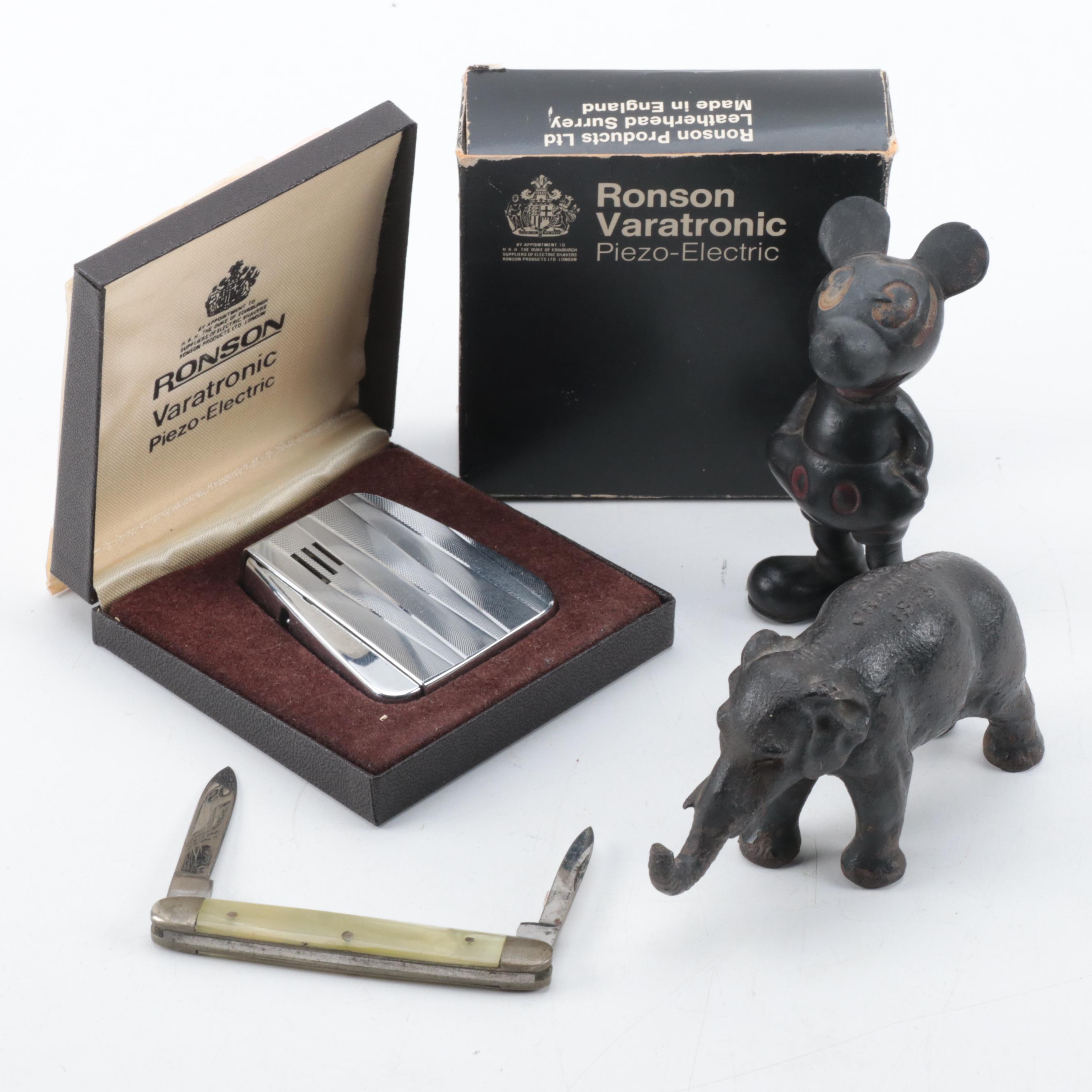 Alarm Clock and Ronson Lighter with Other Pocket Knife and Figurines