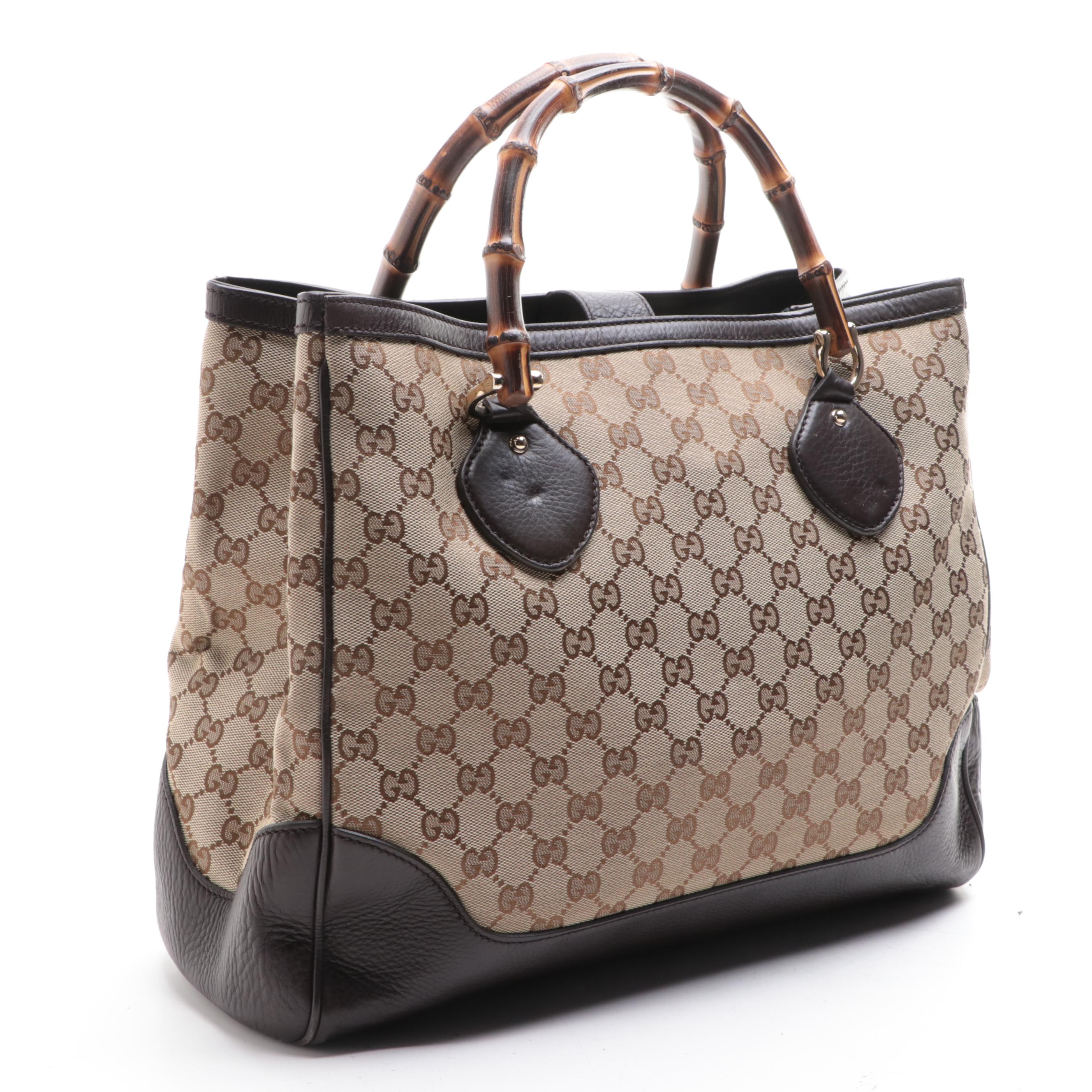 Gucci Bamboo Tote Bag in GG Canvas and Grain Leather