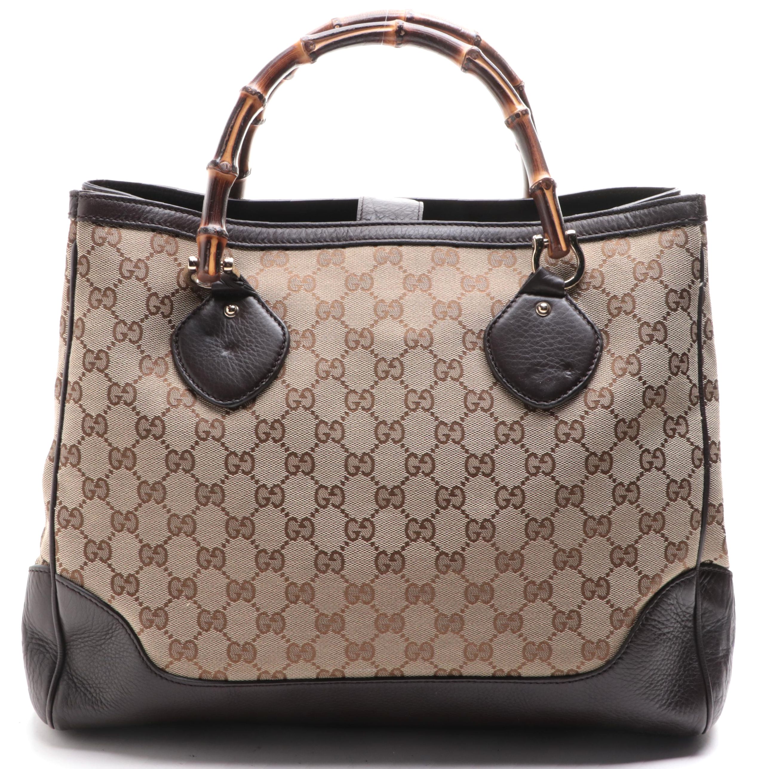 Gucci Bamboo Tote Bag in GG Canvas and Grain Leather