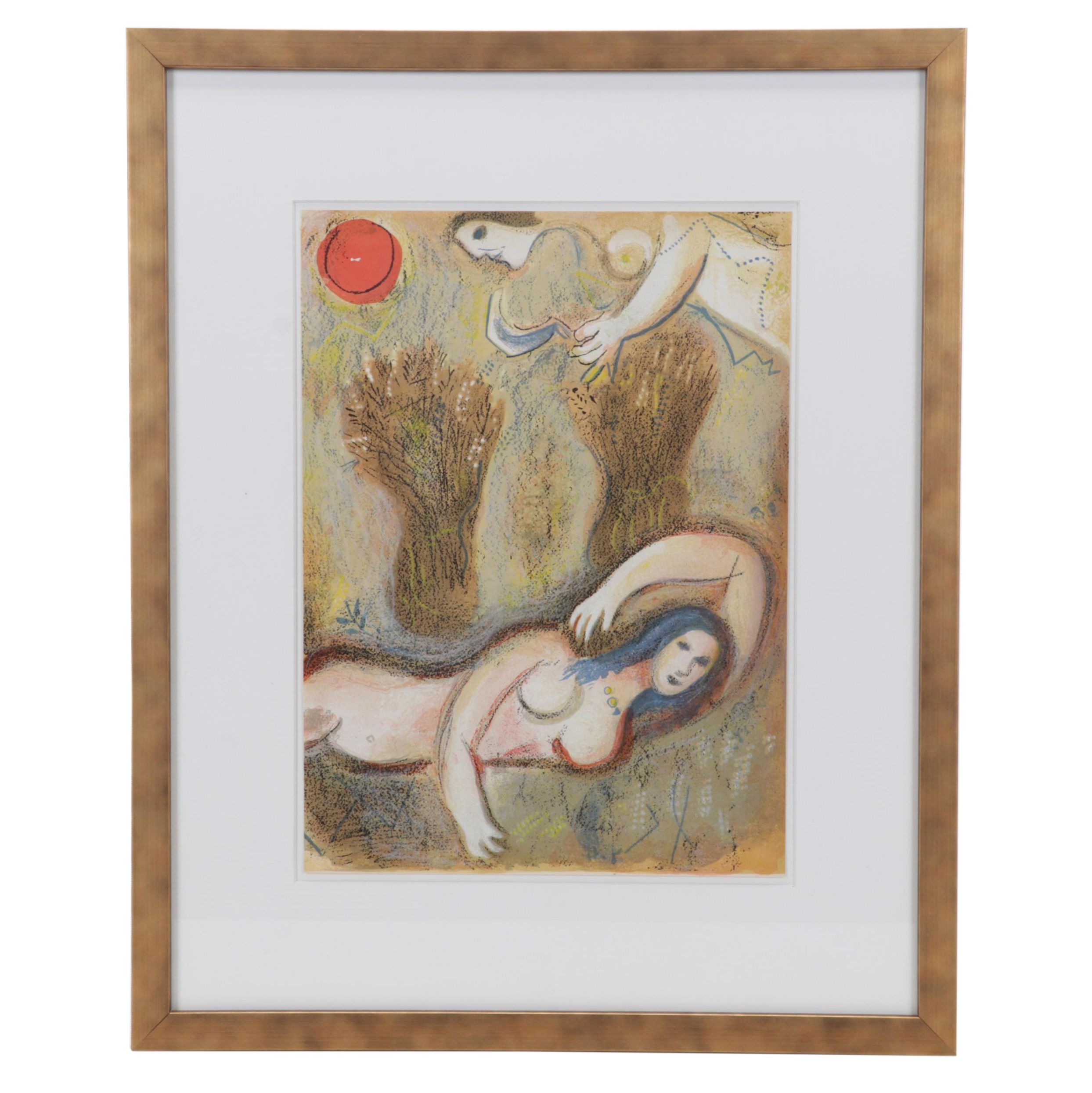 Marc Chagall Color Lithograph "Booz se réveille et voit Ruth à ses pieds," 1960