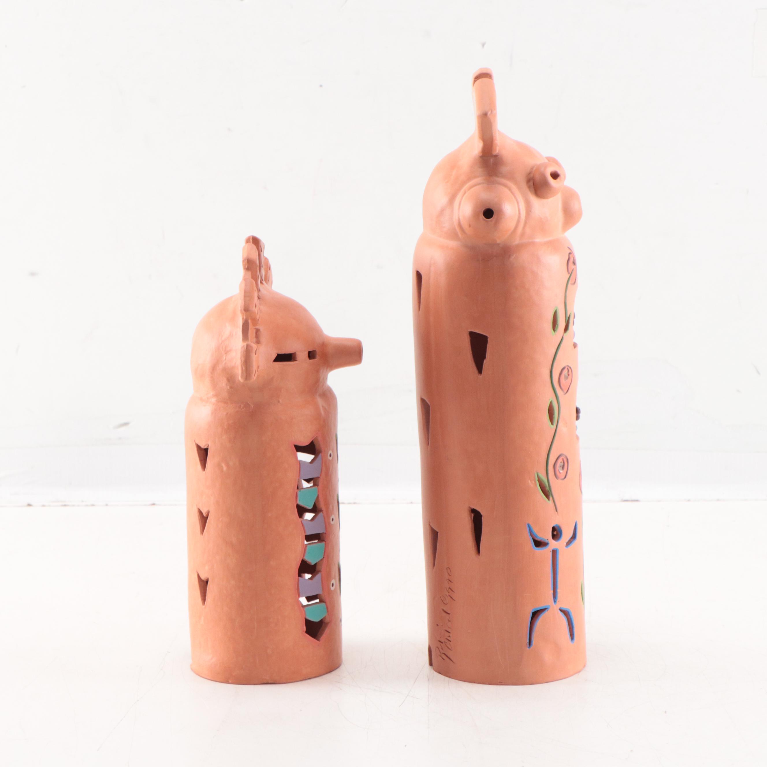 Robin Chlad Folk Art Terracotta Luminaries, Circa 1990