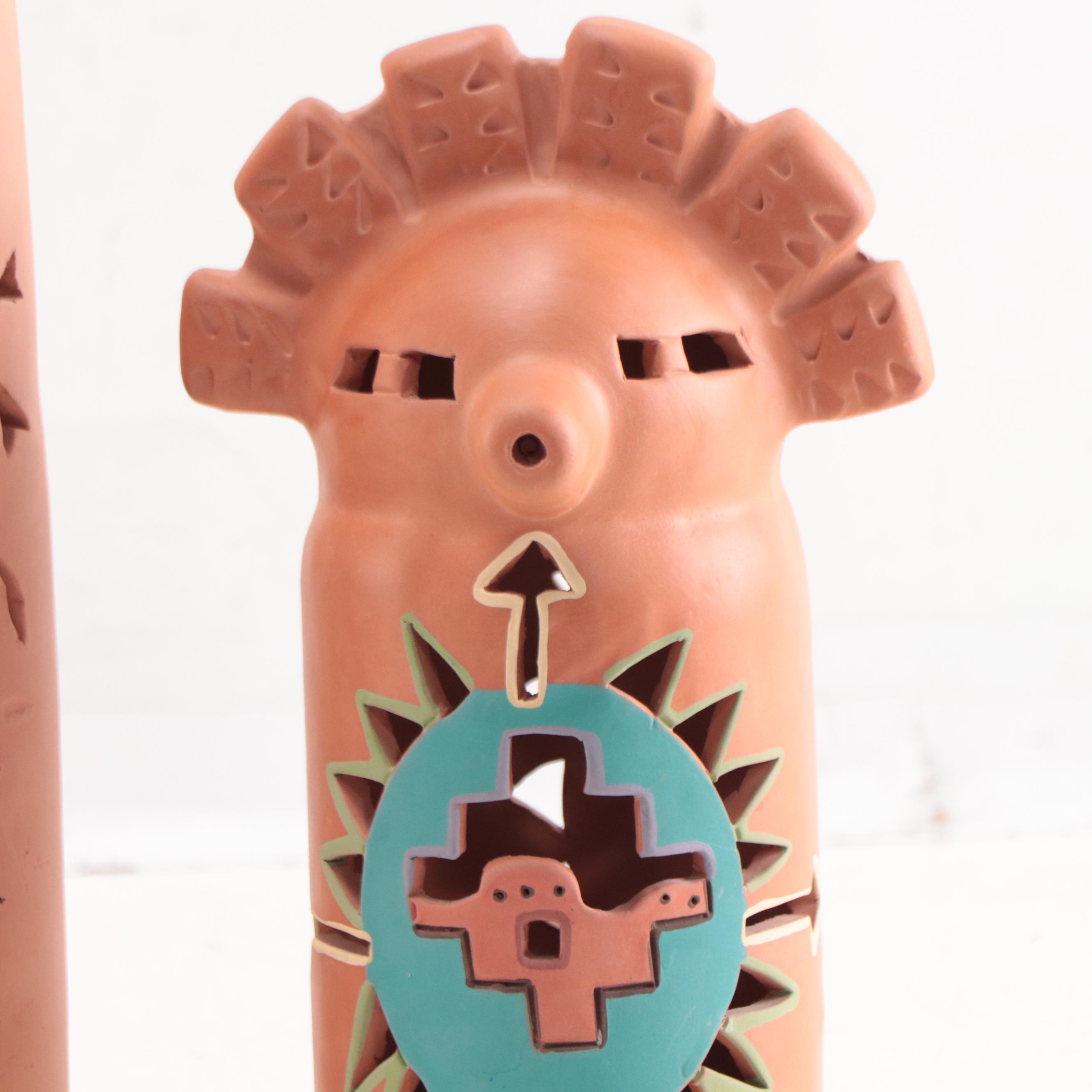 Robin Chlad Folk Art Terracotta Luminaries, Circa 1990