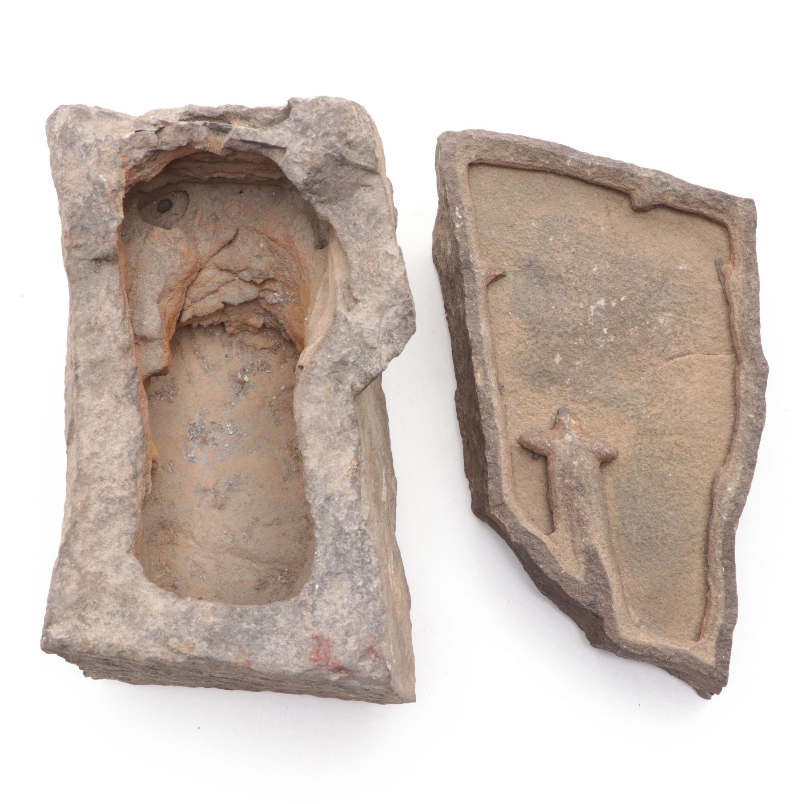 Carved Sandstone Small Trough and Figural Relief