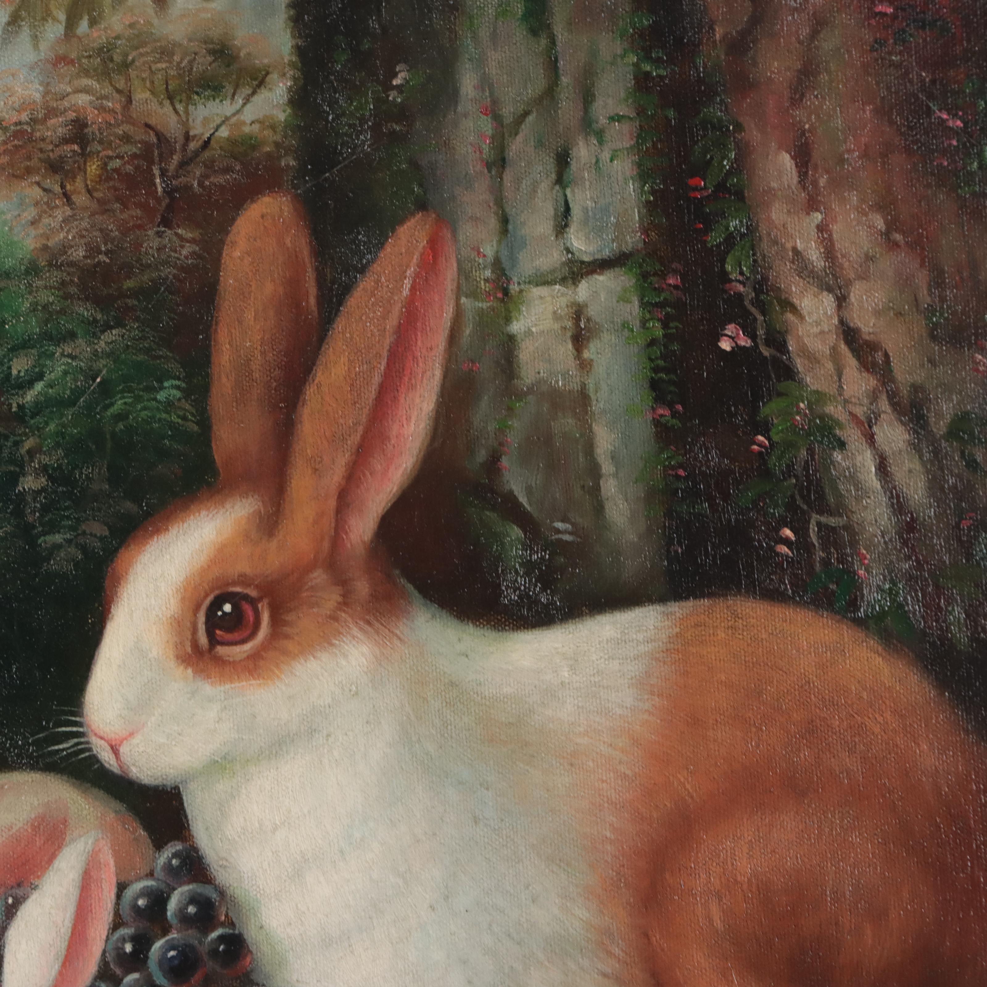 Folk Art Rabbit Scene Oil Painting