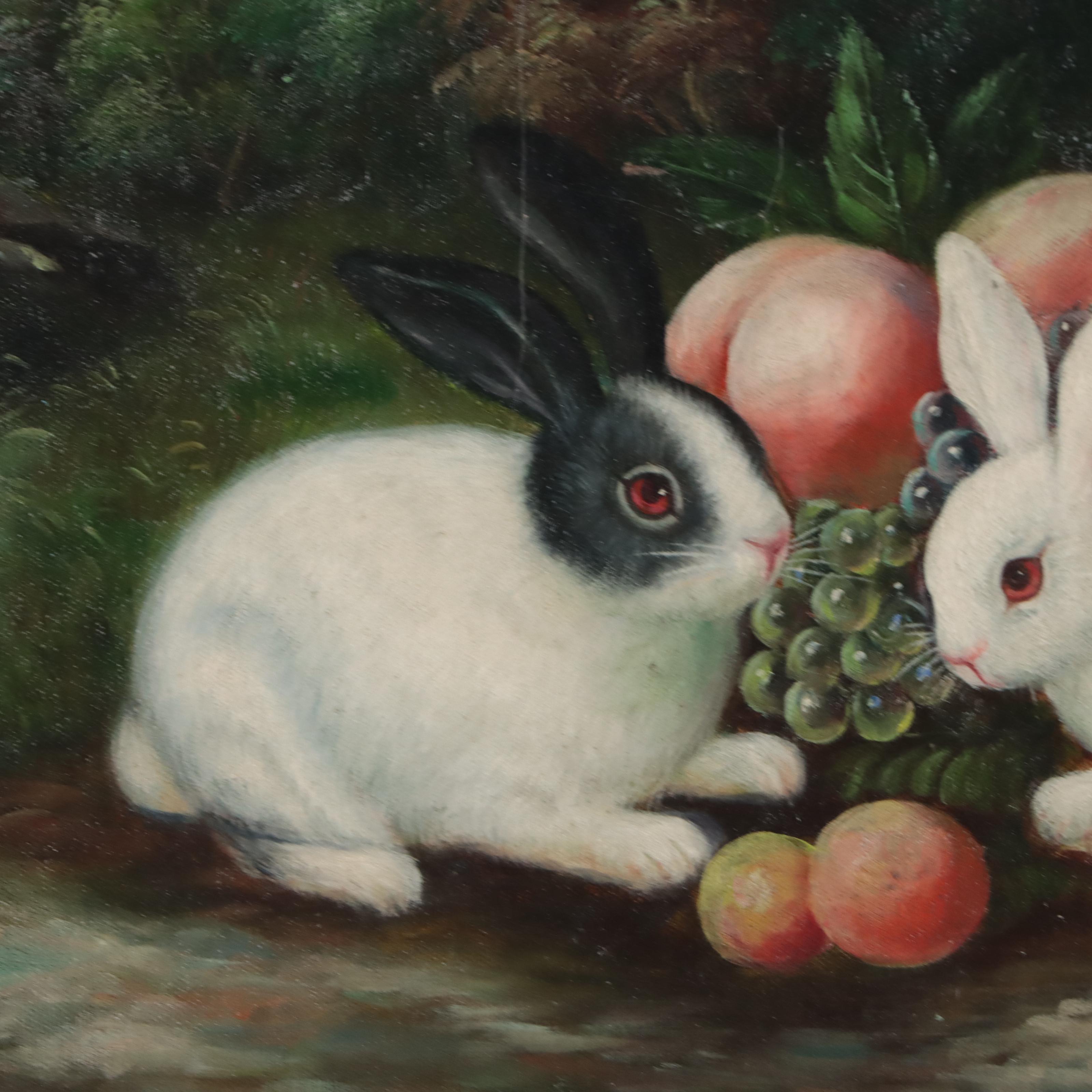 Folk Art Rabbit Scene Oil Painting