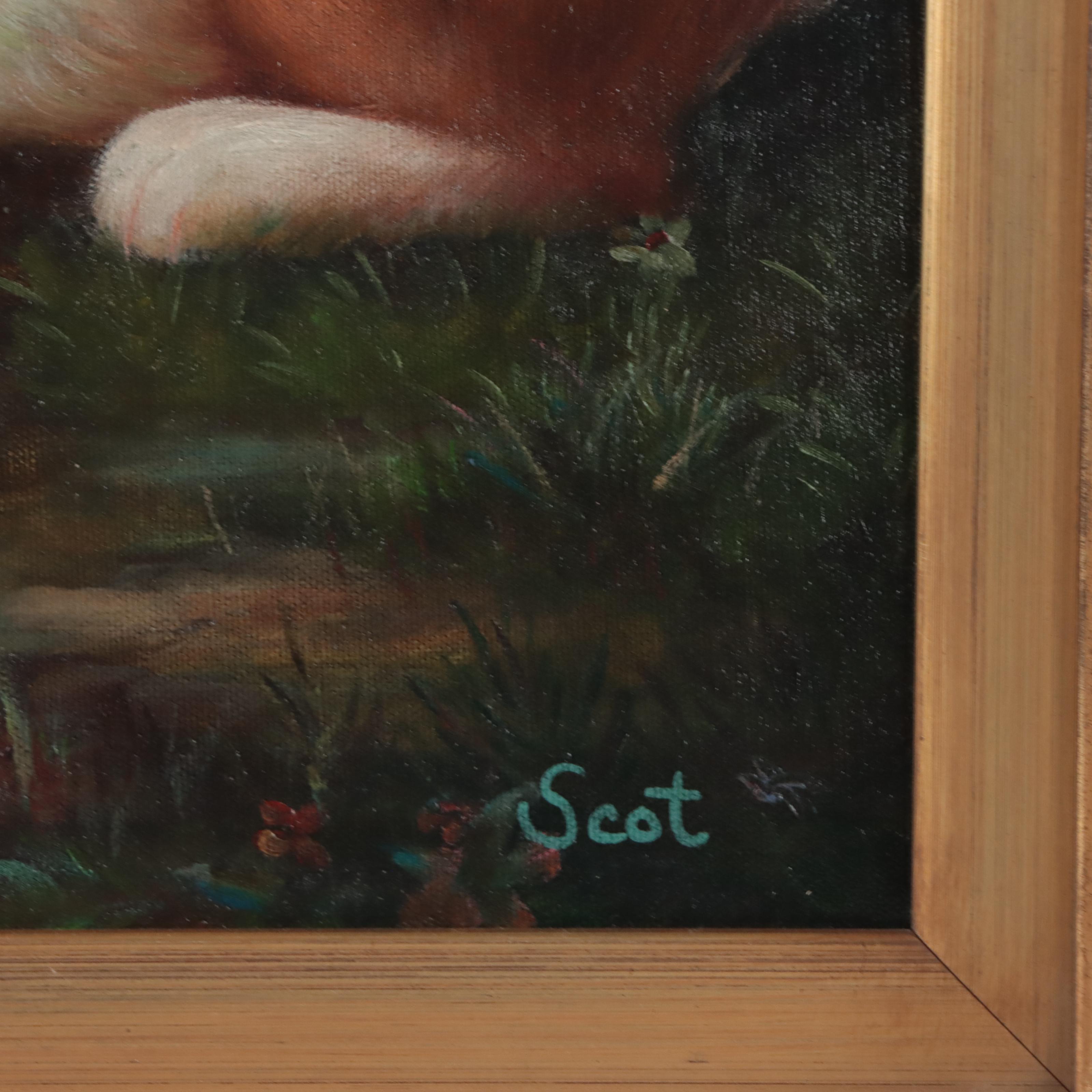 Folk Art Rabbit Scene Oil Painting