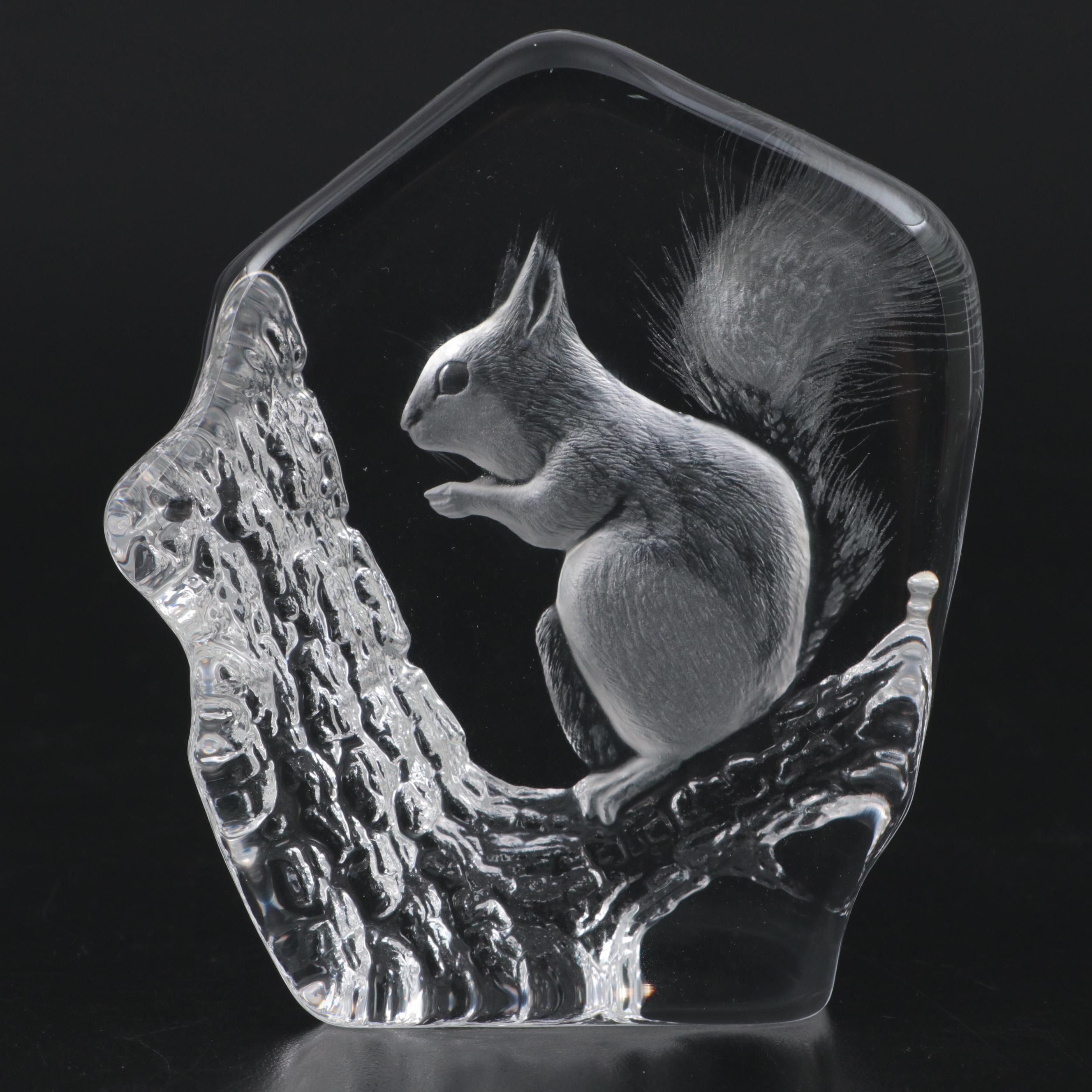 Mats Joasson Block Crystal Etched Squirrel with Simon Pearce Bowl