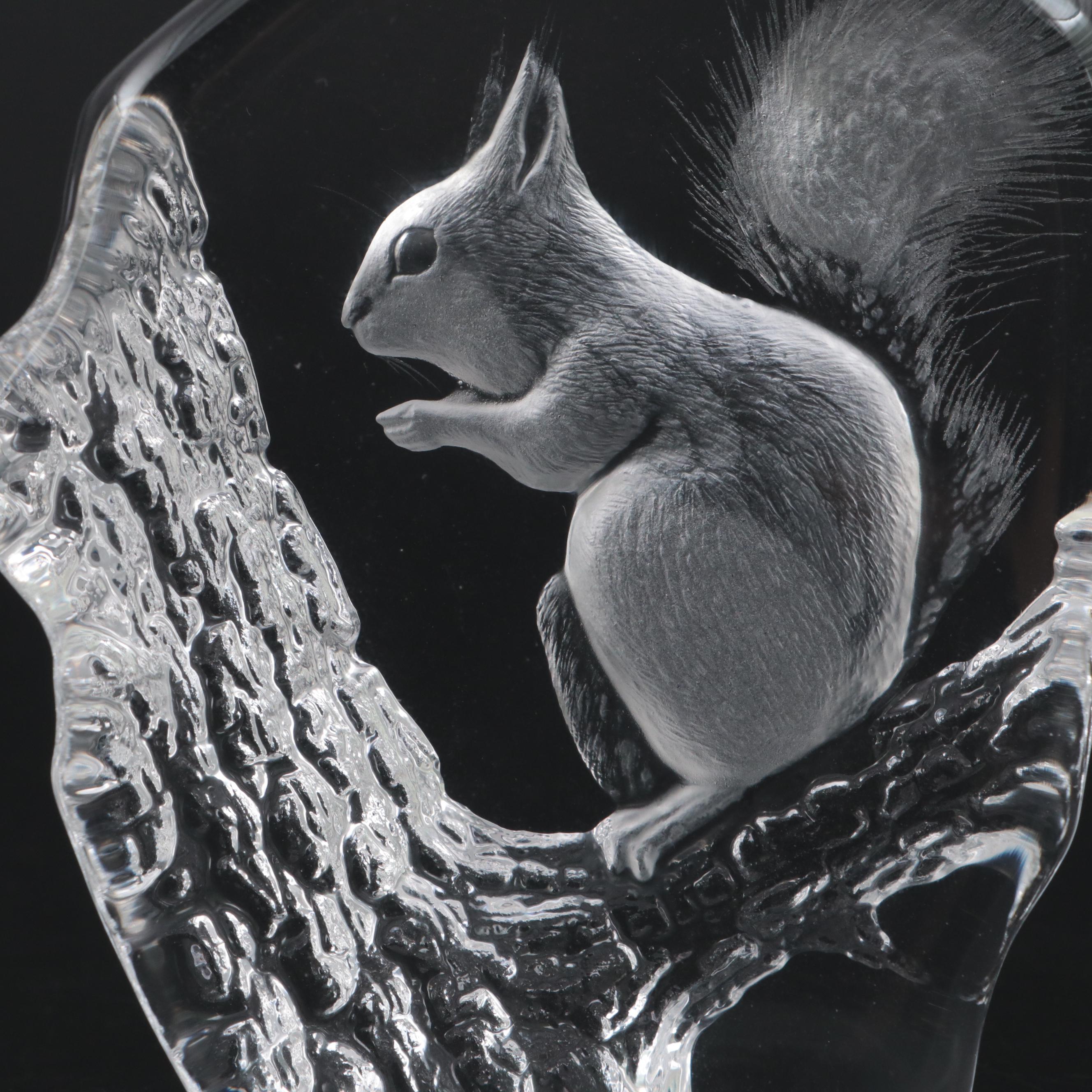 Mats Joasson Block Crystal Etched Squirrel with Simon Pearce Bowl