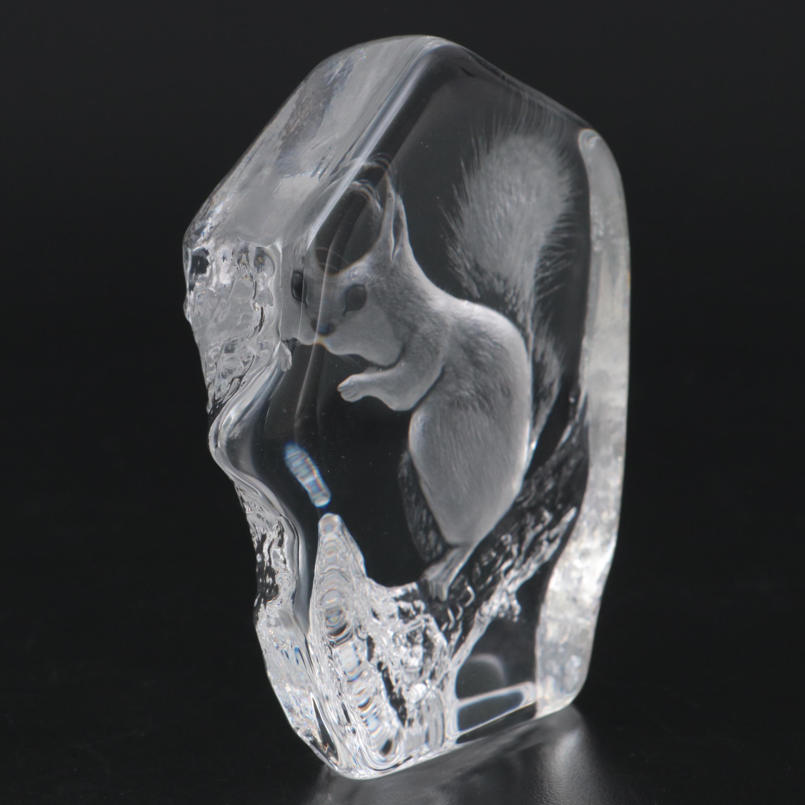 Mats Joasson Block Crystal Etched Squirrel with Simon Pearce Bowl