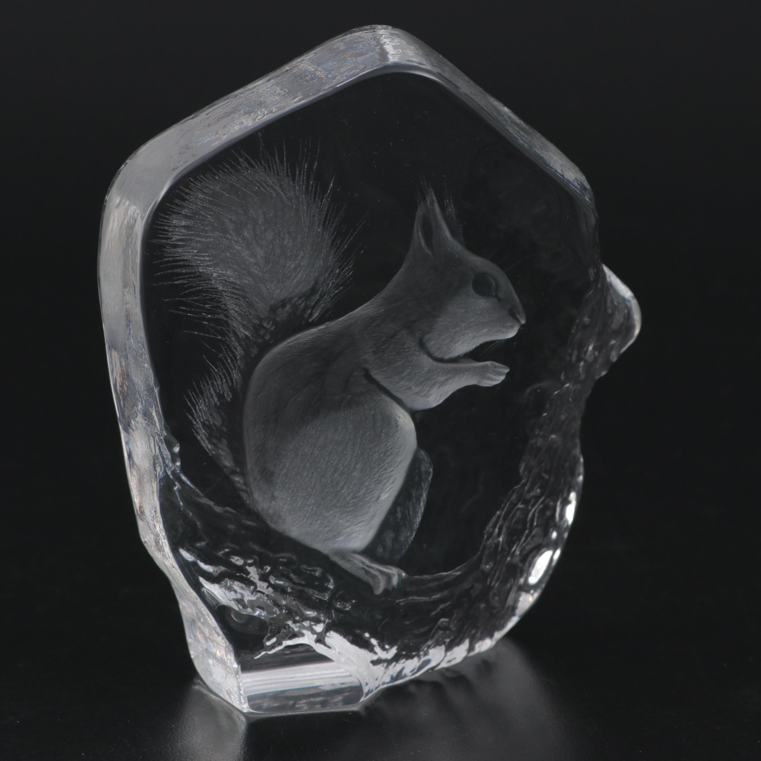 Mats Joasson Block Crystal Etched Squirrel with Simon Pearce Bowl