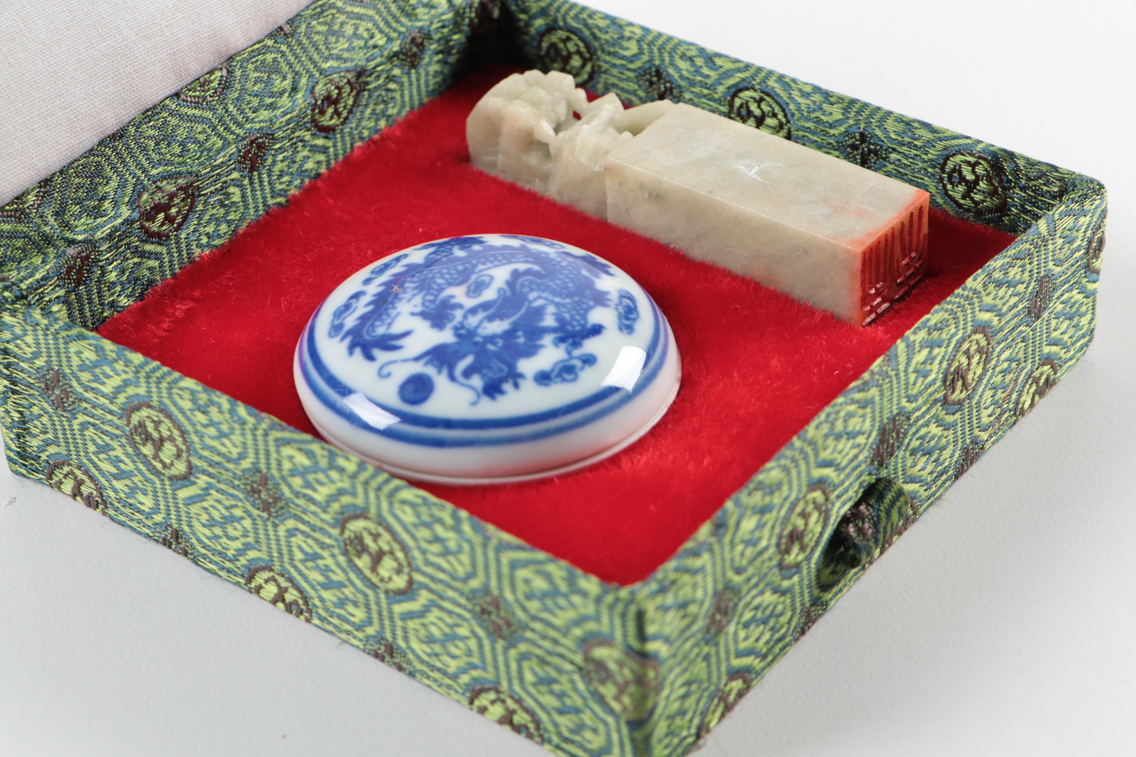 Chinese Wax Seal Stamp and Ink Pot with Mottahedeh "Blue Canton" Candle
