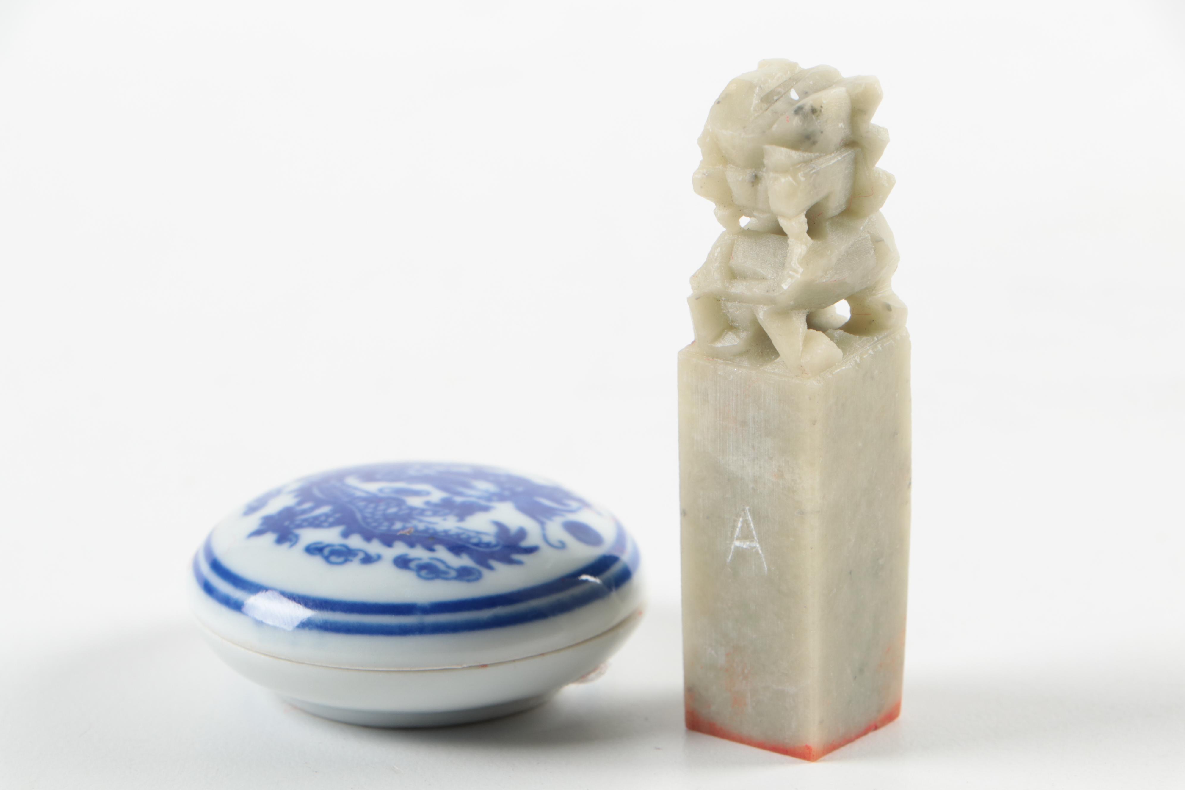 Chinese Wax Seal Stamp and Ink Pot with Mottahedeh "Blue Canton" Candle