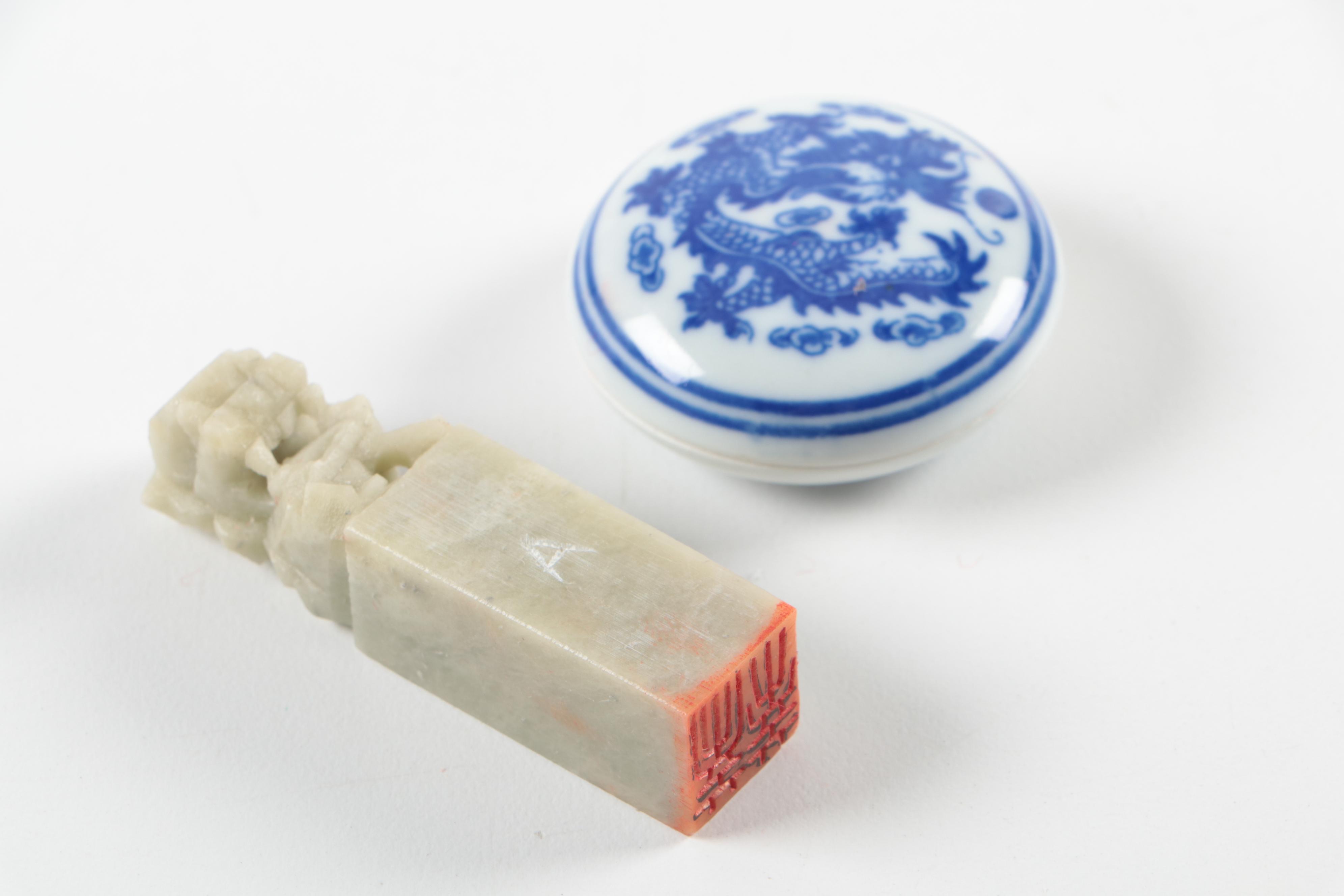 Chinese Wax Seal Stamp and Ink Pot with Mottahedeh "Blue Canton" Candle