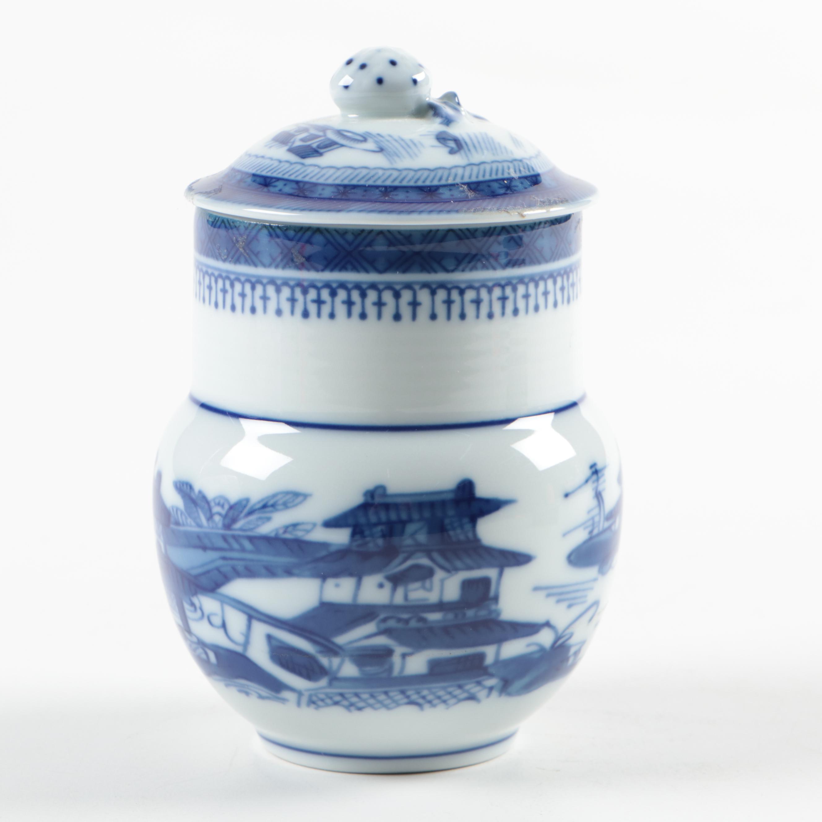 Chinese Wax Seal Stamp and Ink Pot with Mottahedeh "Blue Canton" Candle