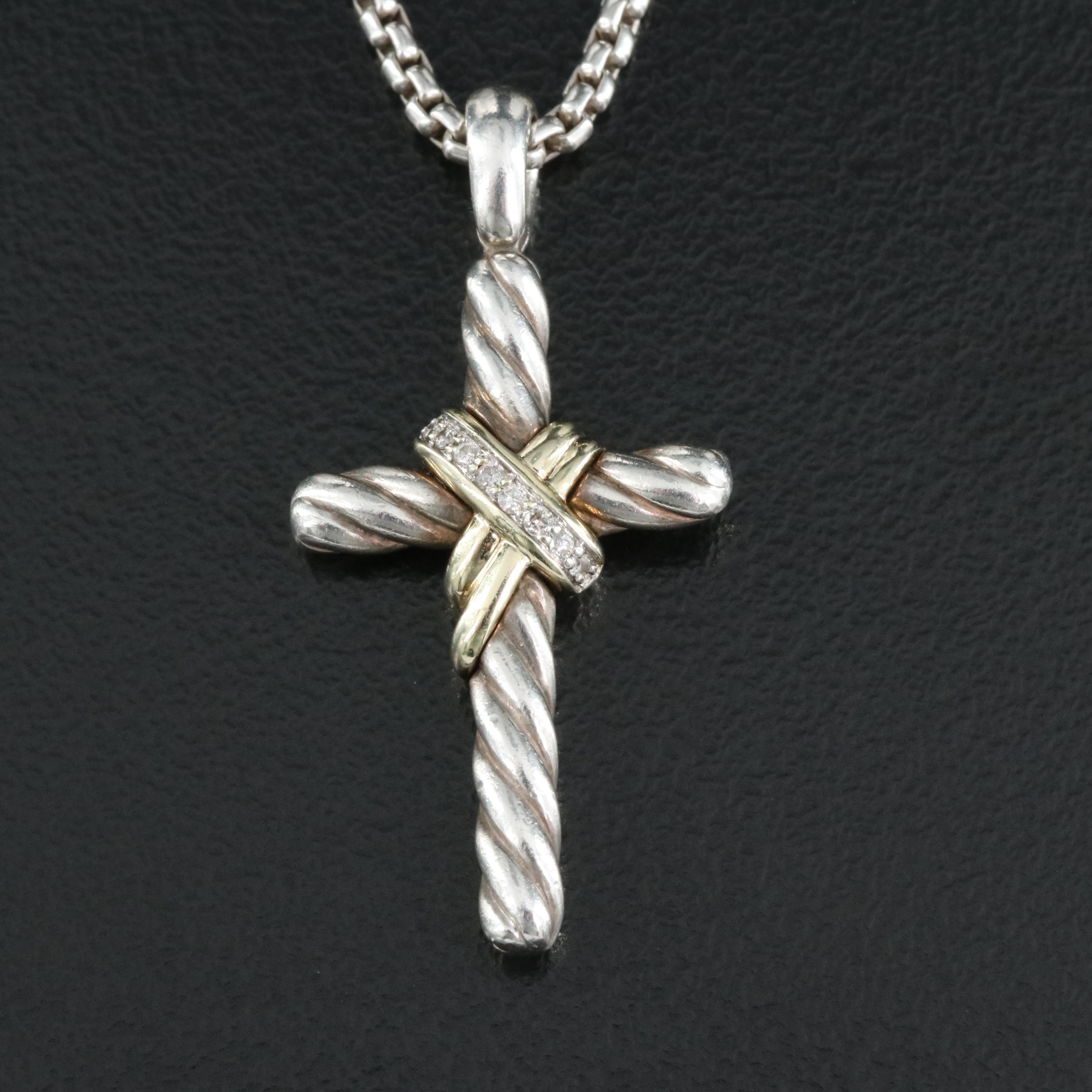 David Yurman "Cable" Sterling Diamond Cross Pendant Necklace with 14K Accents