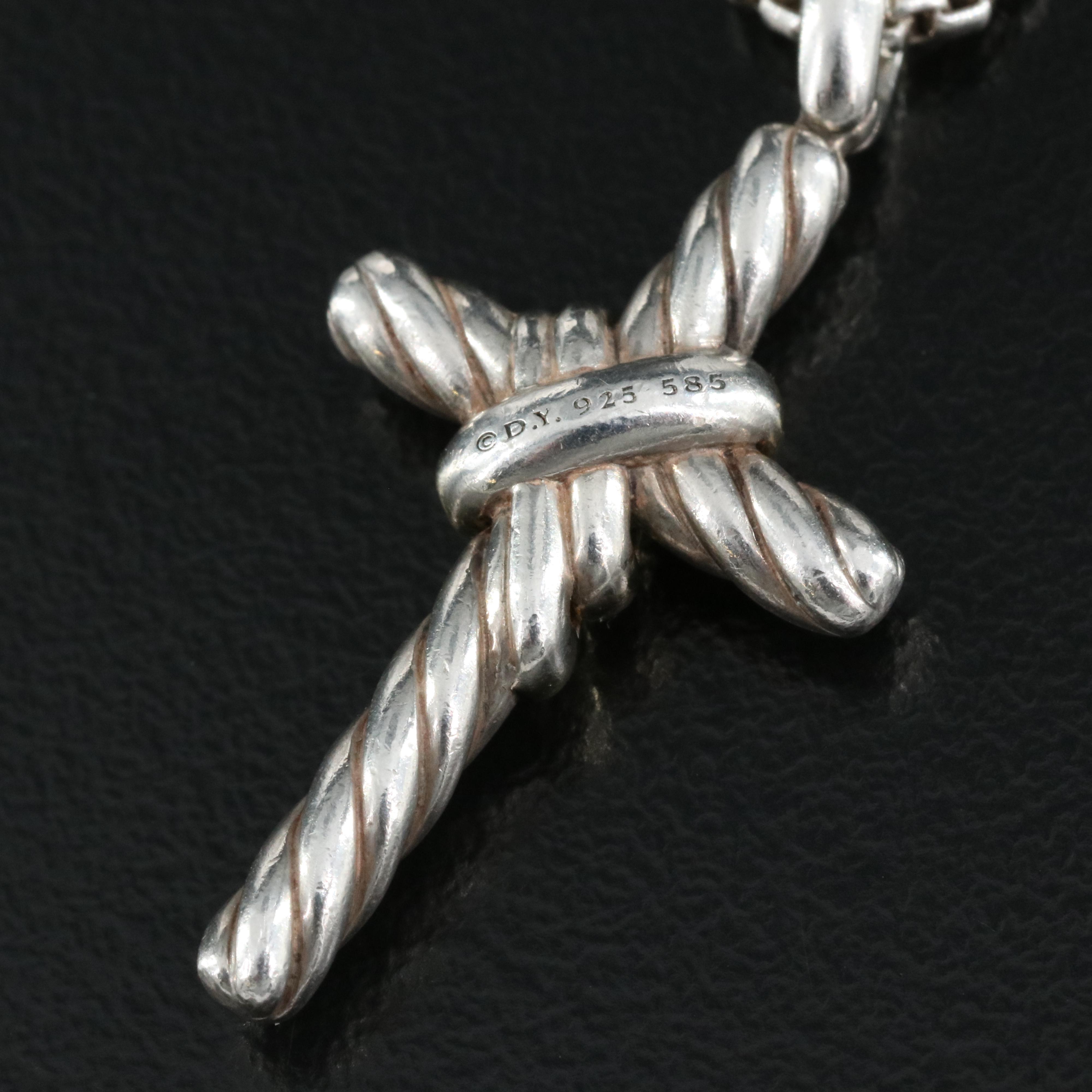 David Yurman "Cable" Sterling Diamond Cross Pendant Necklace with 14K Accents