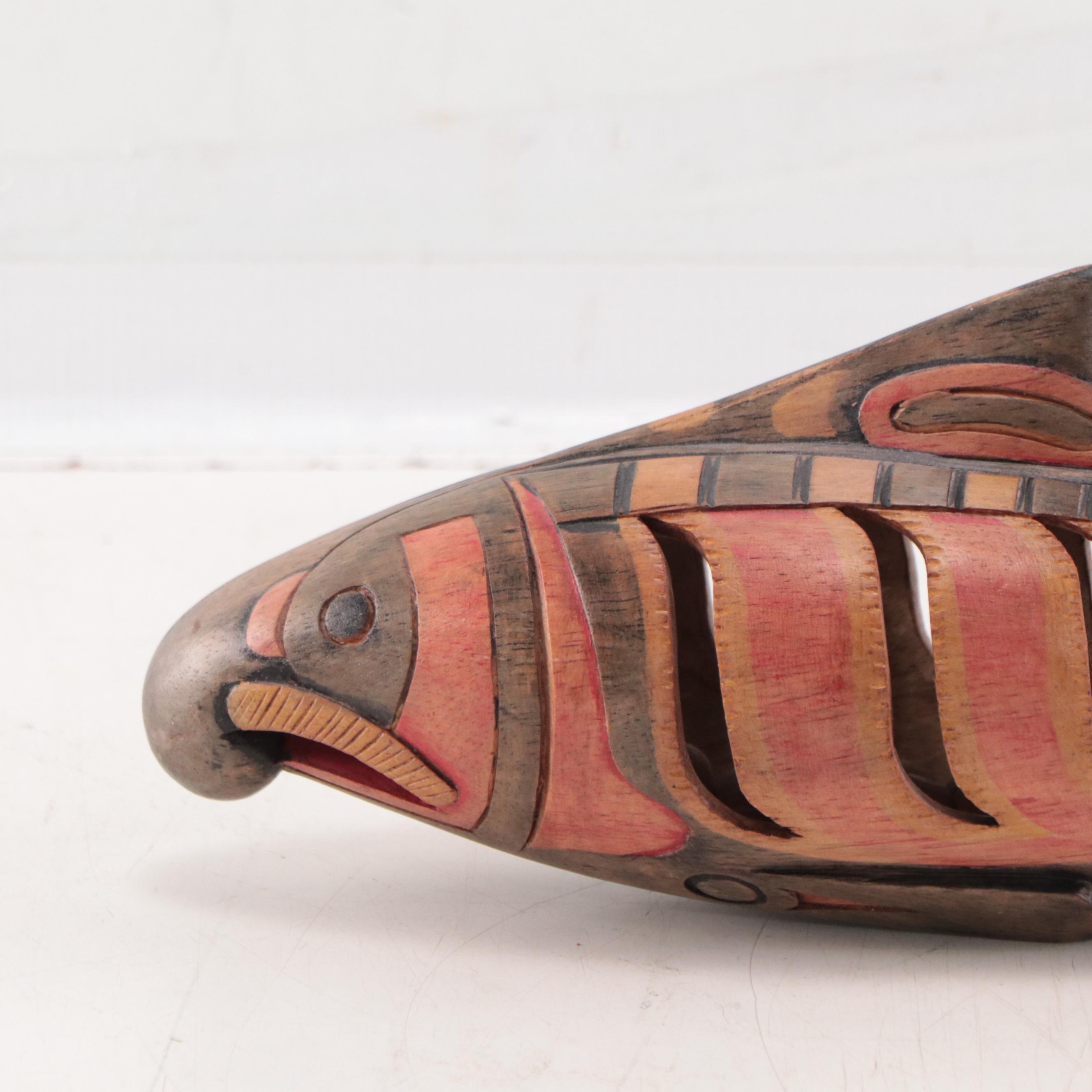 Pacific Northwest Native American Style Carved Wood Rattle of Fish