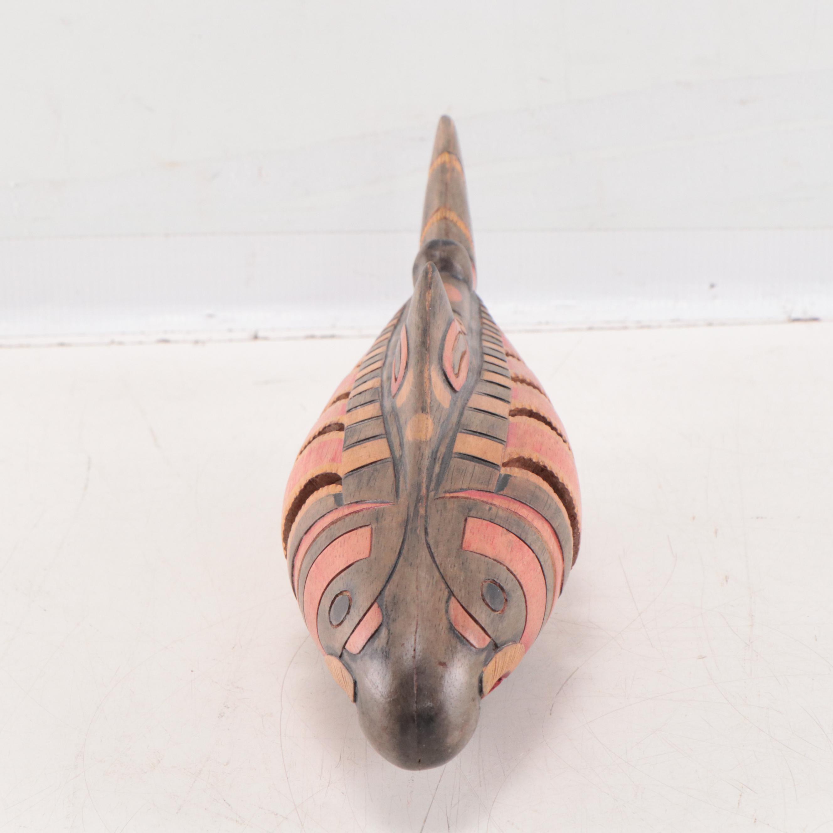 Pacific Northwest Native American Style Carved Wood Rattle of Fish