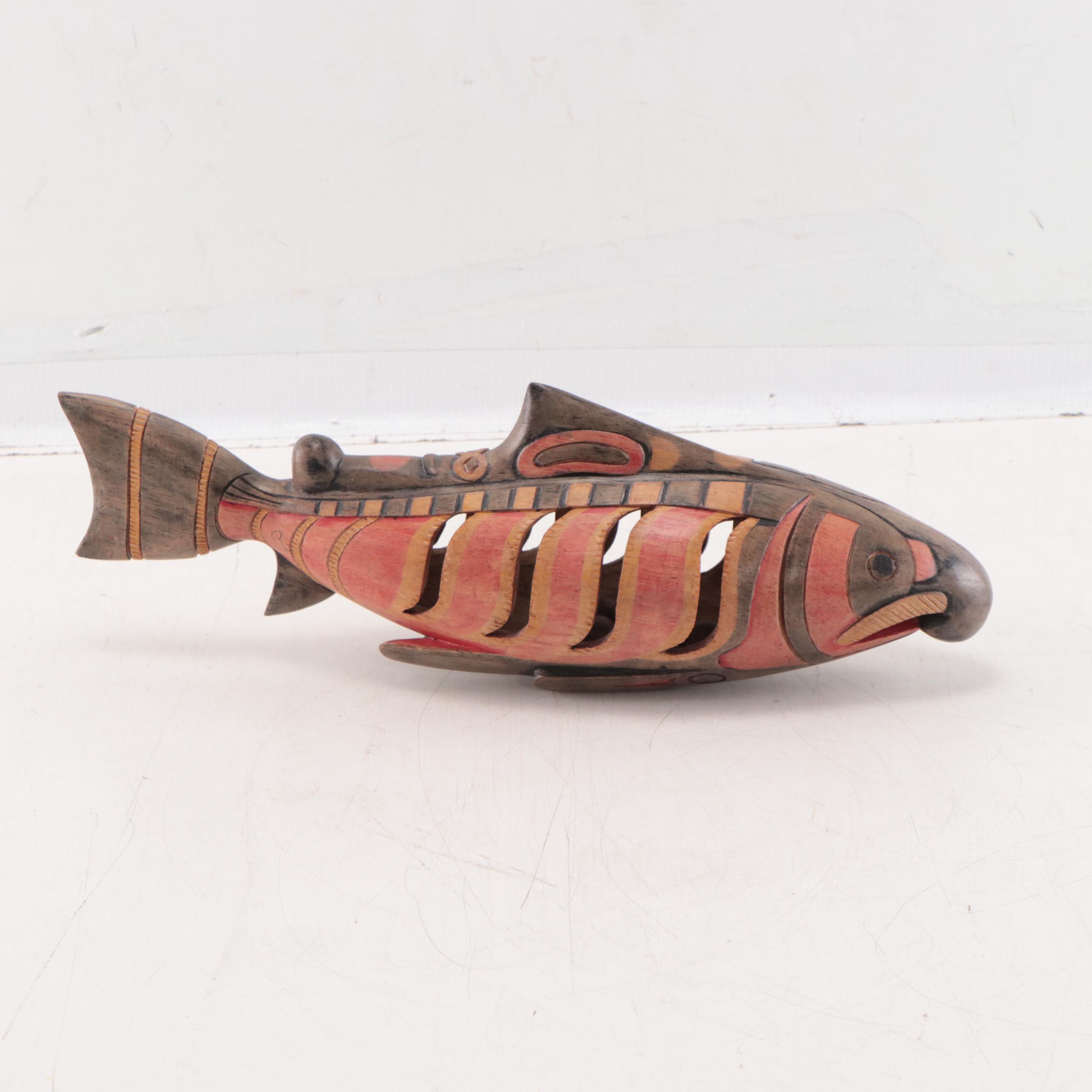 Pacific Northwest Native American Style Carved Wood Rattle of Fish