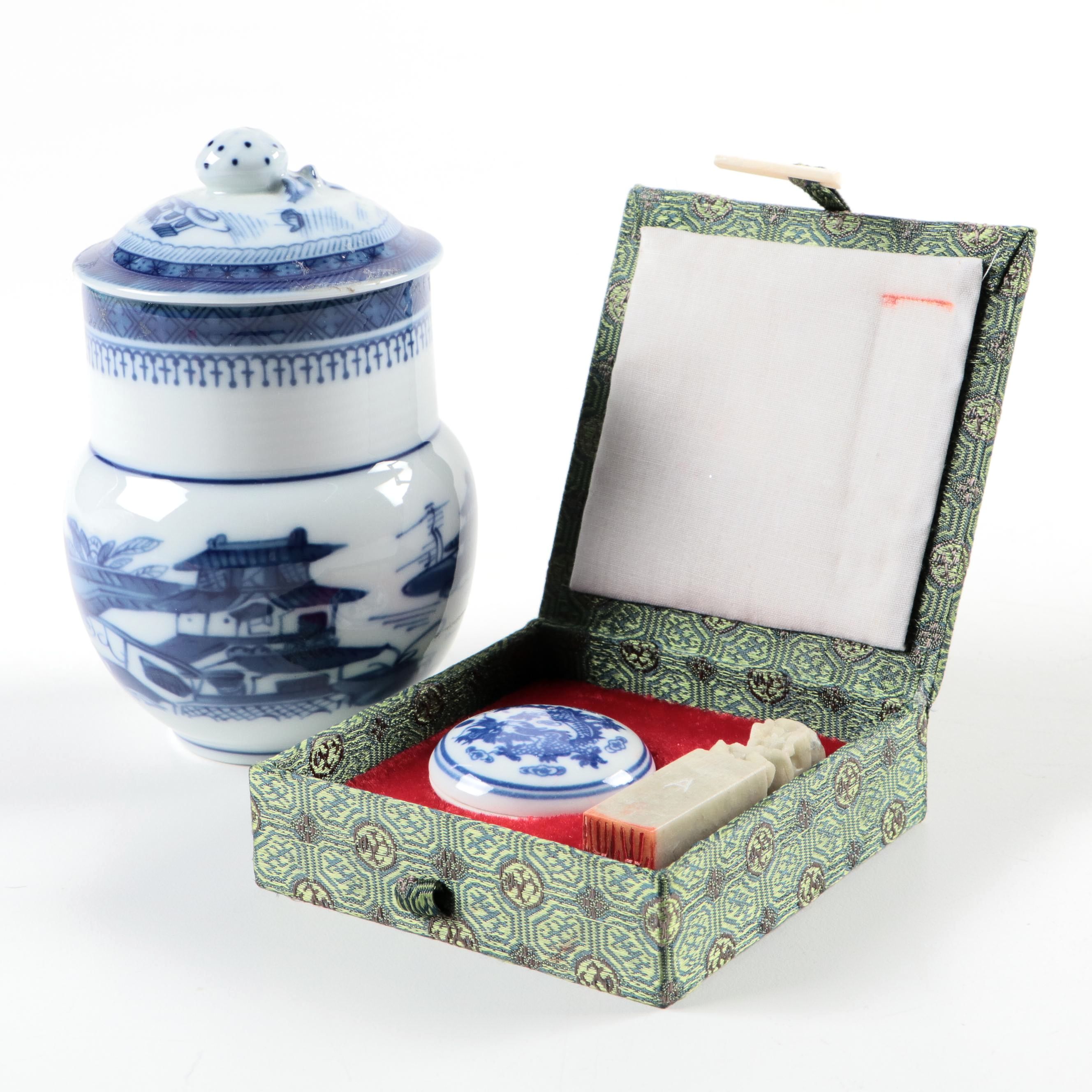 Chinese Wax Seal Stamp and Ink Pot with Mottahedeh "Blue Canton" Candle
