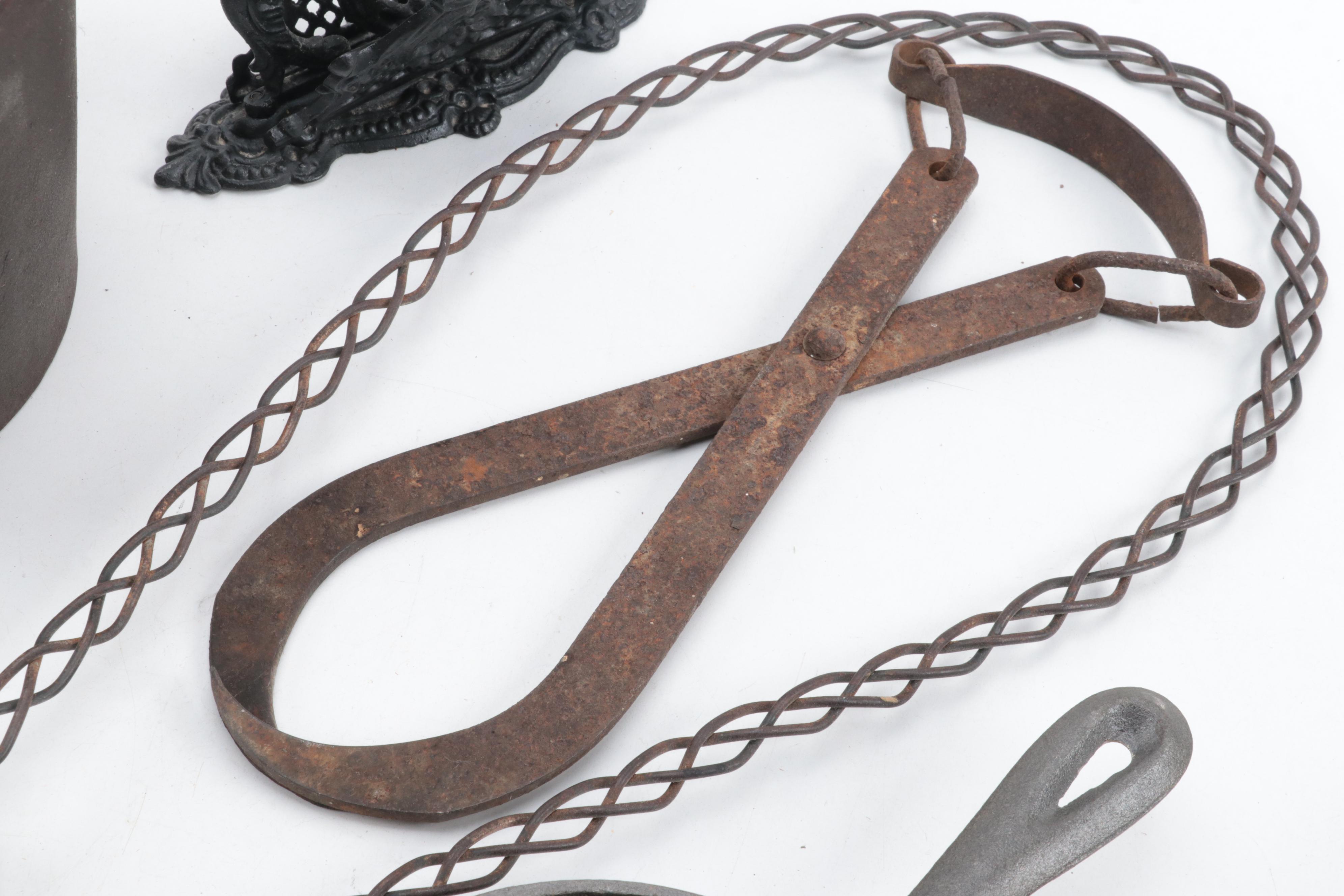 Cast Iron Lidded Pot, Cornbread Pan, Skillet, Rug Beater, Ice Tongs, and More