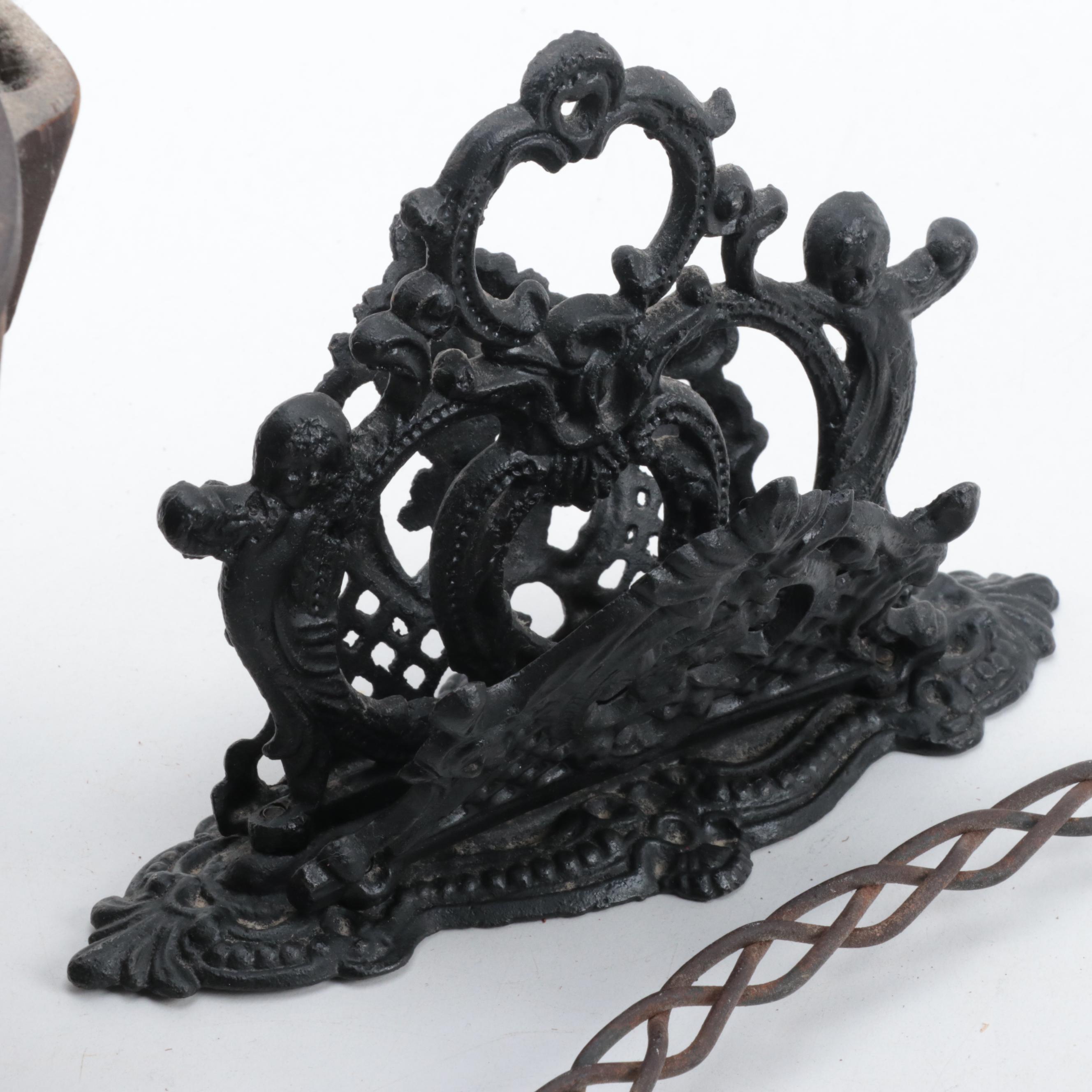 Cast Iron Lidded Pot, Cornbread Pan, Skillet, Rug Beater, Ice Tongs, and More