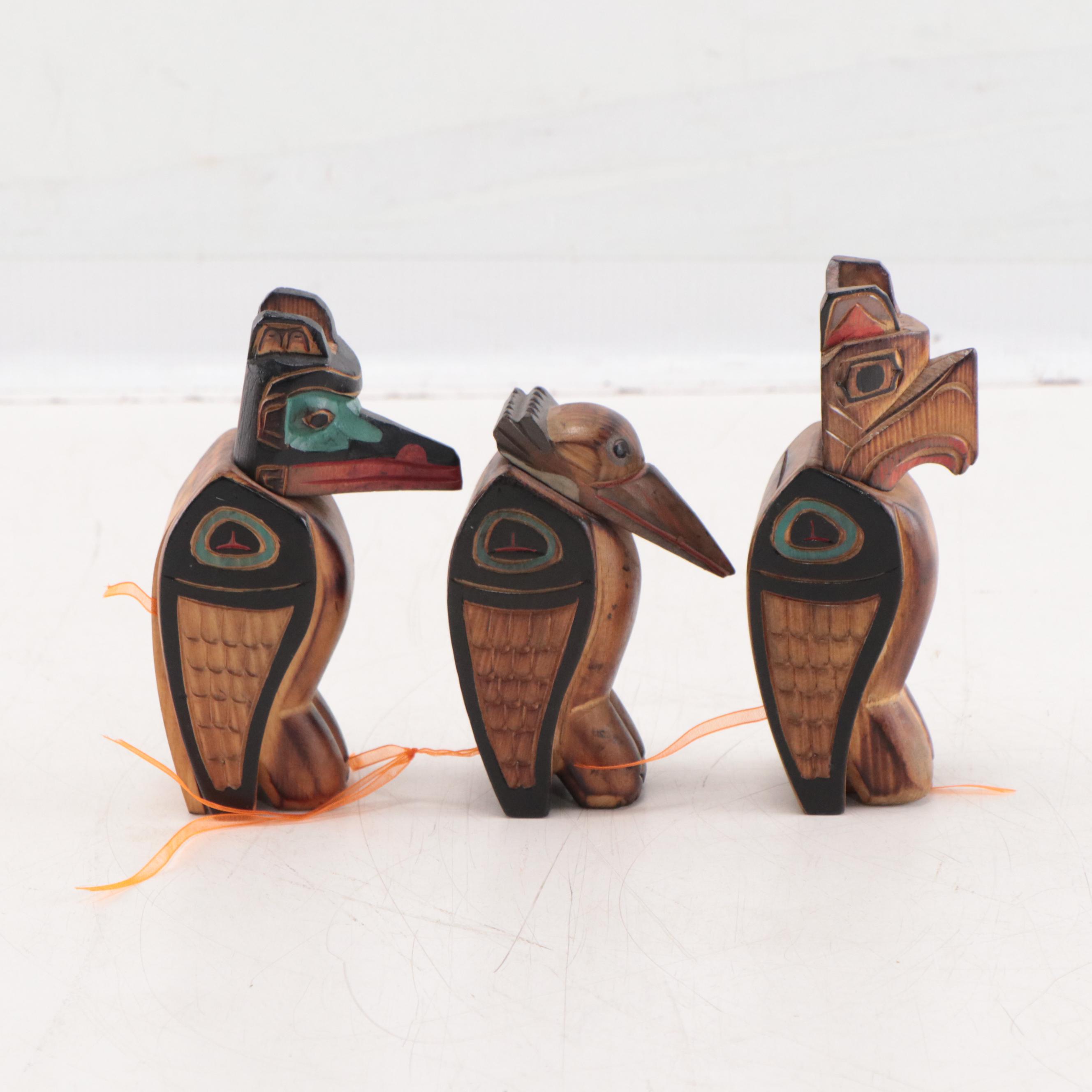 Pacific Northwest Native American Style Carved Wood Sculptures of Birds