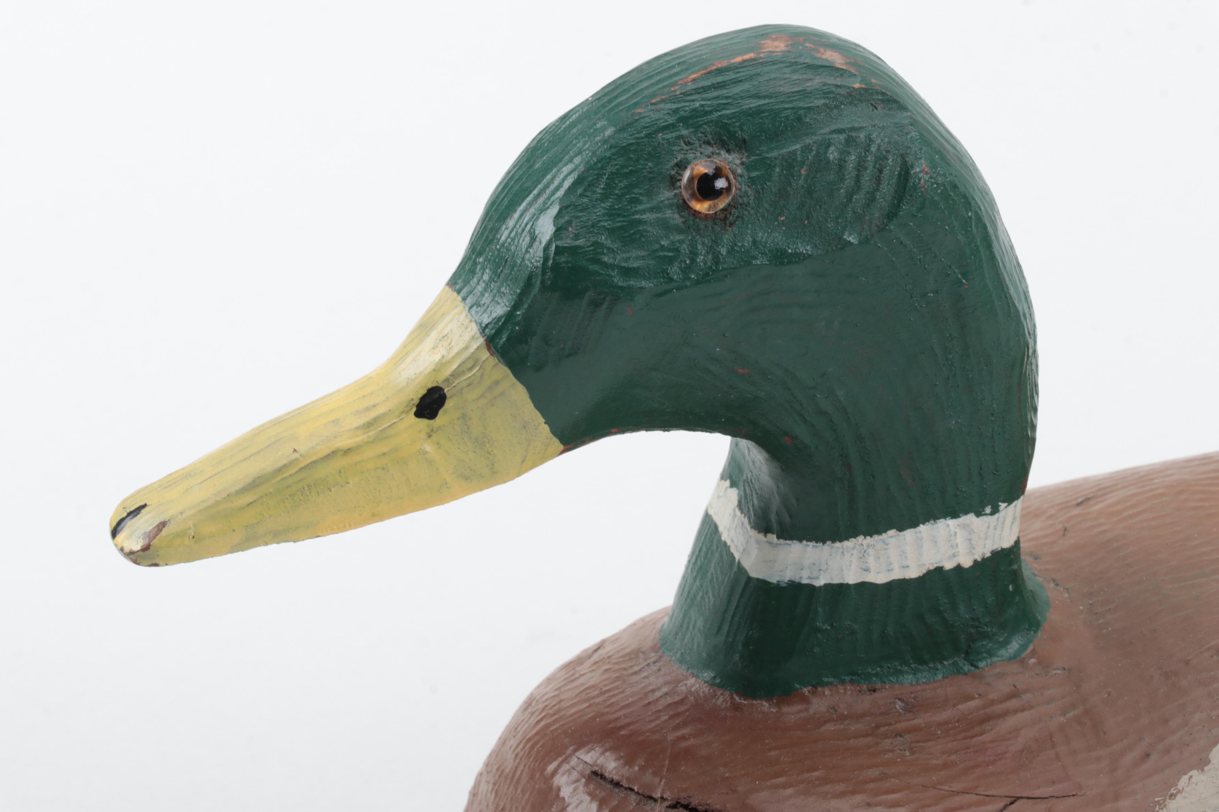 Artist Signed Hand-Carved Charles Moore Duck Decoy with More Wooden Duck Decoys