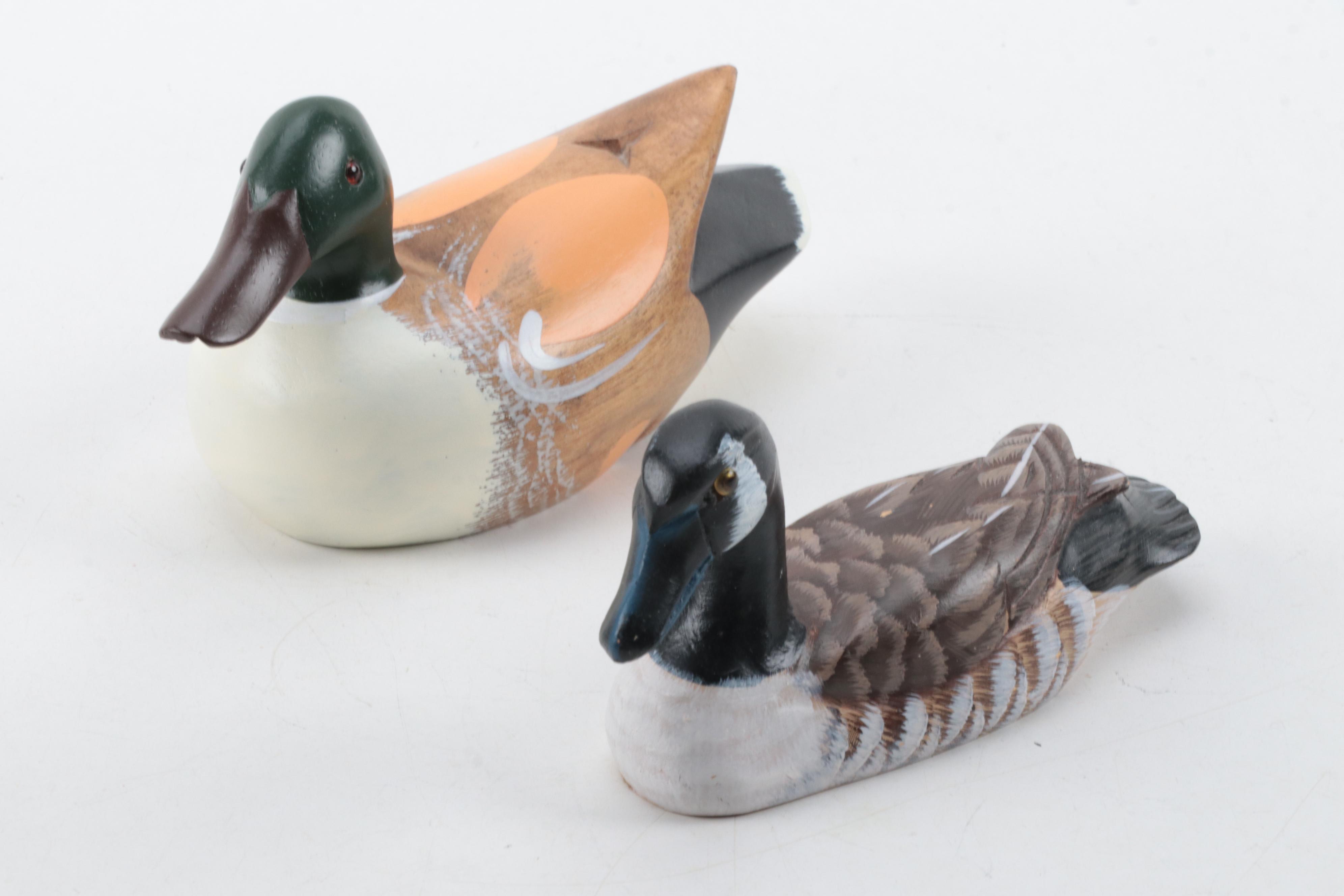 Dave Frier Signed Duck Decoy with Other Hand-Painted Wooden Duck Decoys