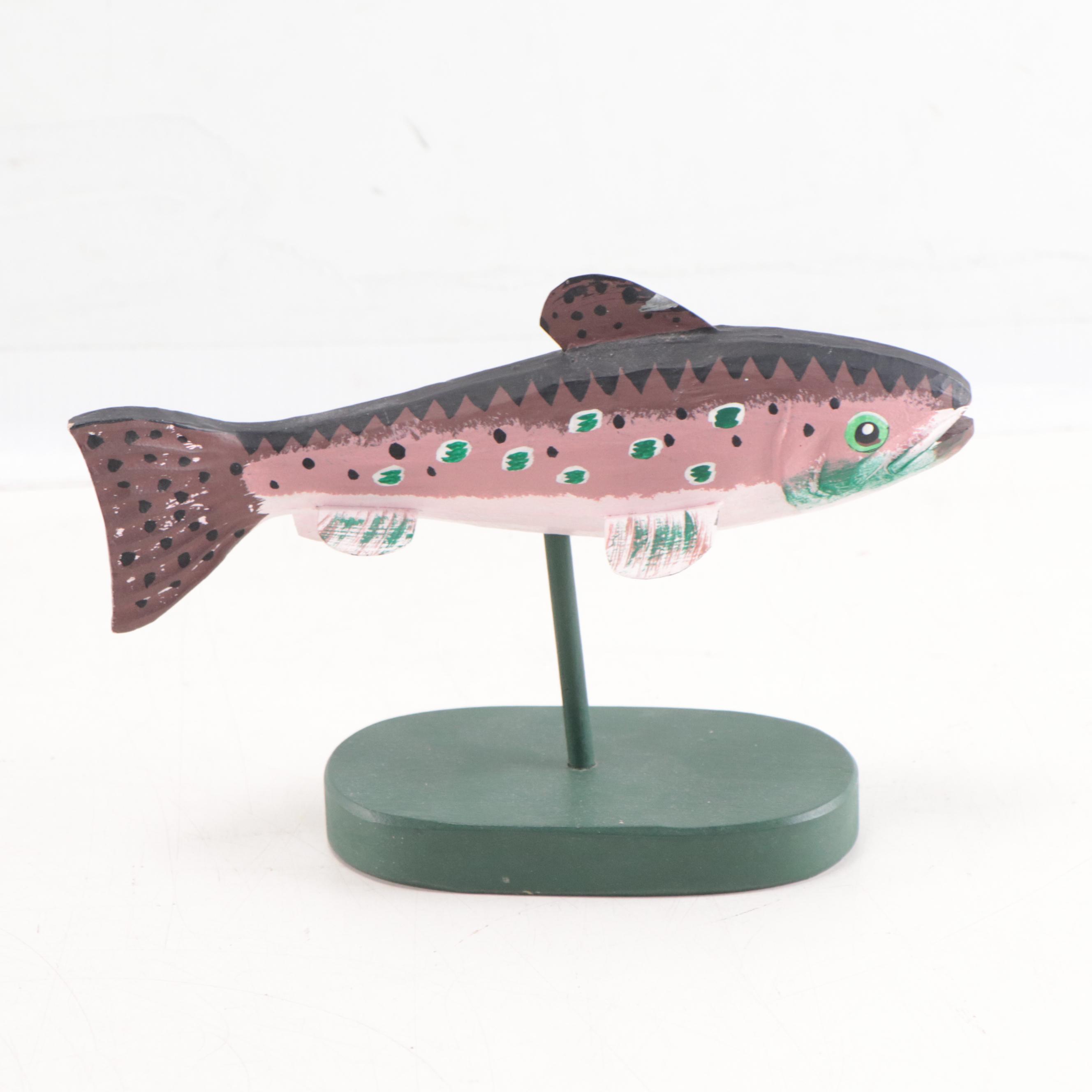 Folk Art Hand-Painted Carved Wood Sculptures of Bird and Fish