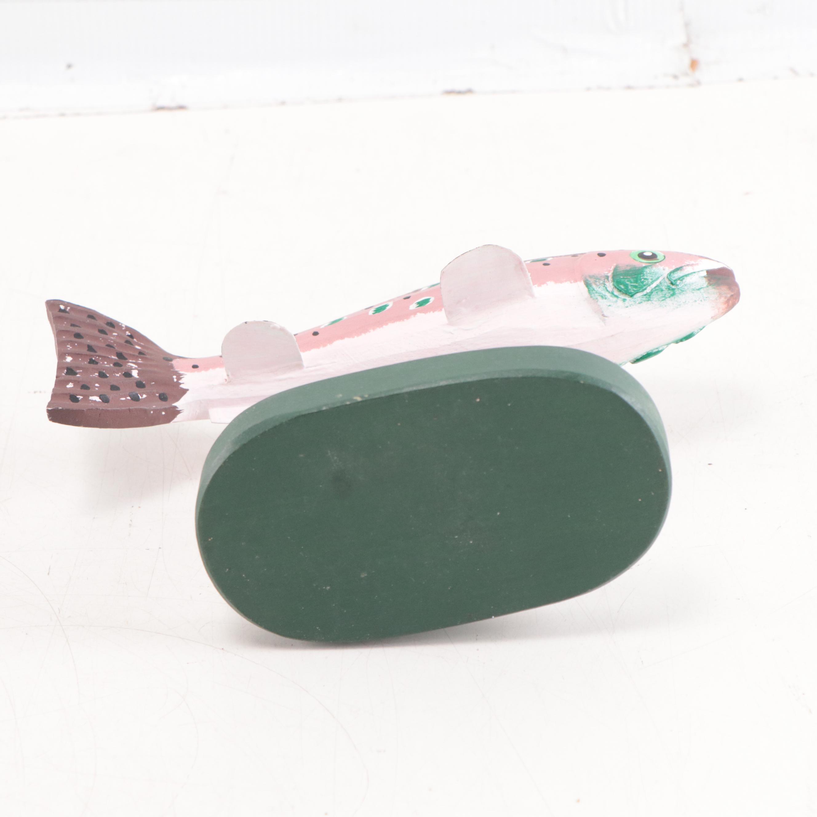 Folk Art Hand-Painted Carved Wood Sculptures of Bird and Fish