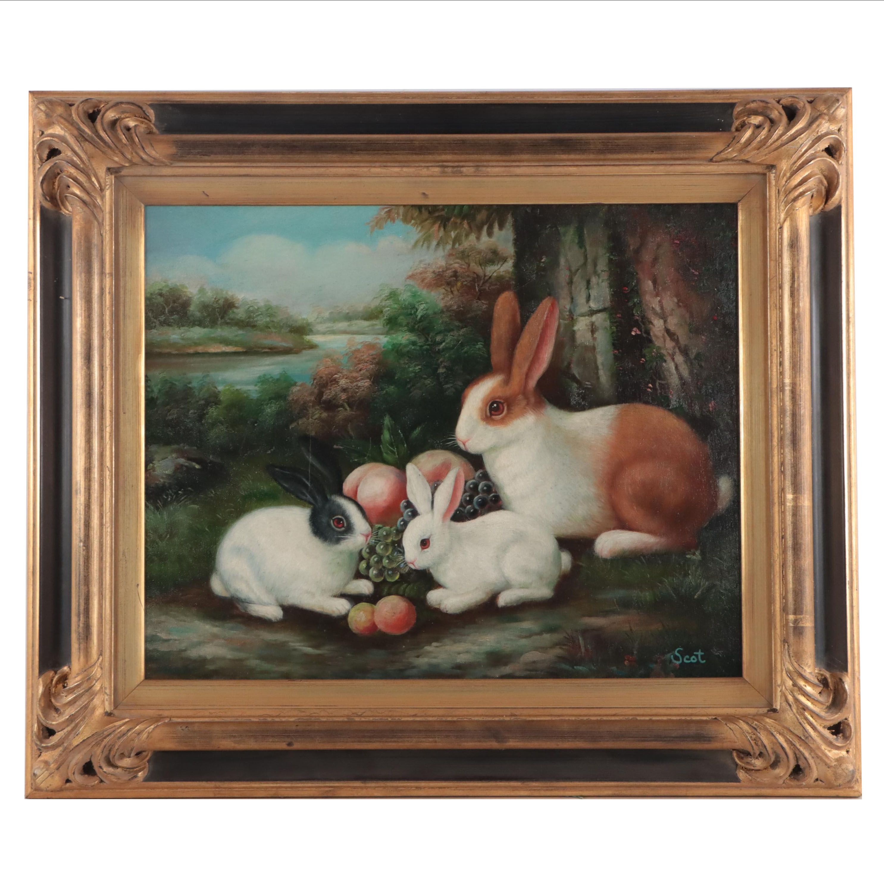 Folk Art Rabbit Scene Oil Painting