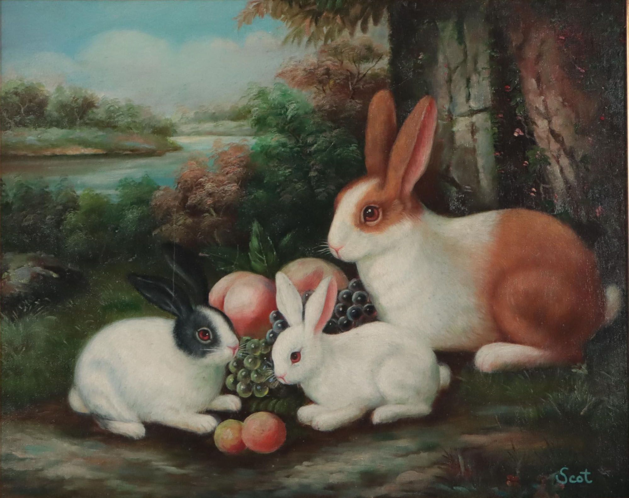 Folk Art Rabbit Scene Oil Painting