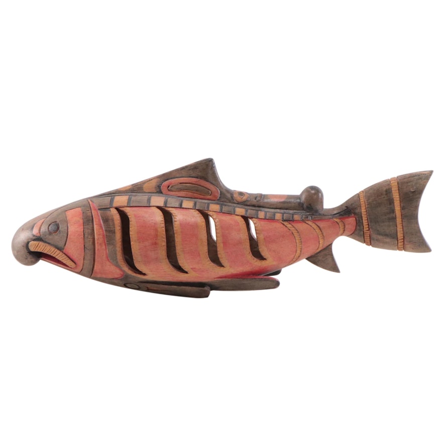 Pacific Northwest Native American Style Carved Wood Rattle of Fish