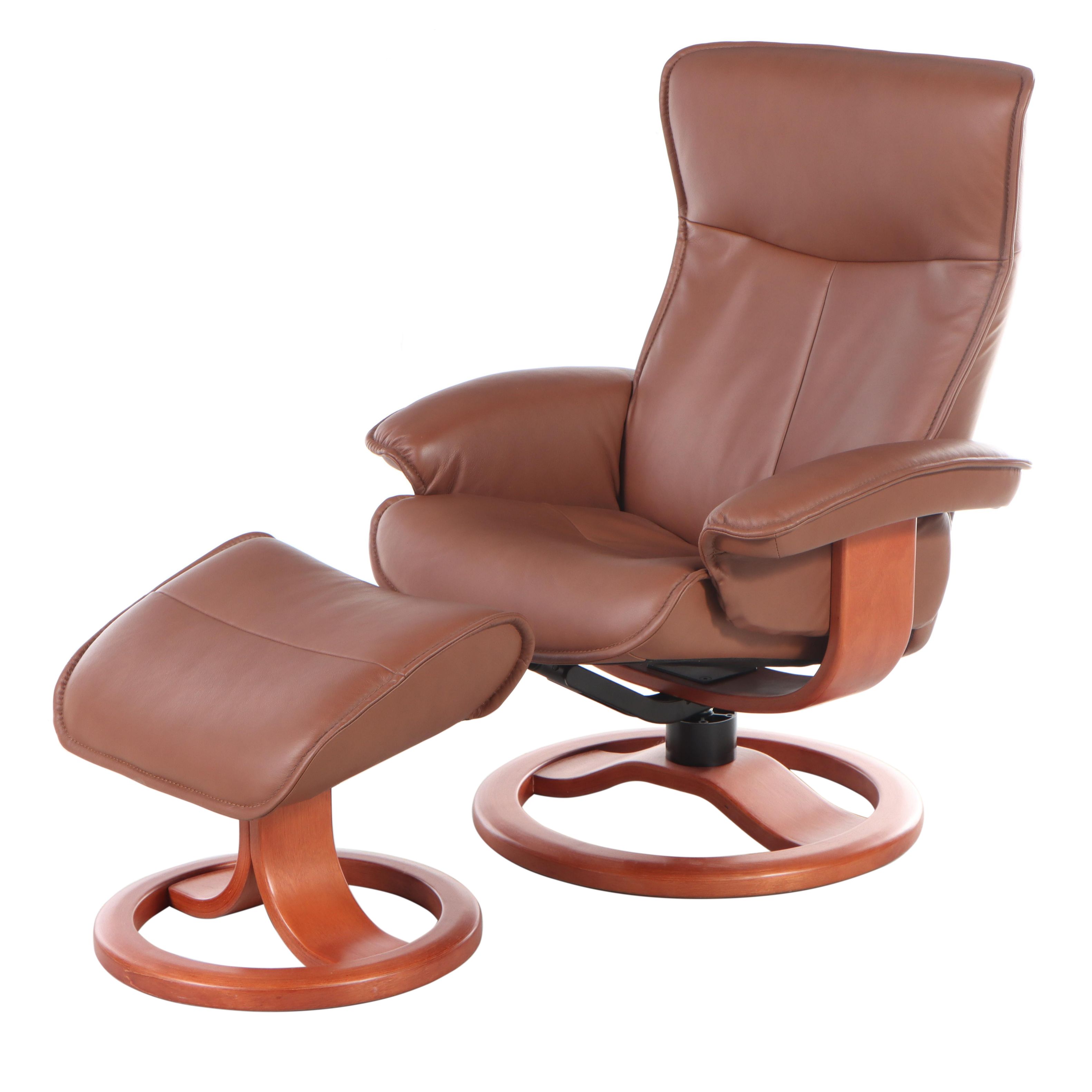 Fjords "Senator" Laminated Beech and Leather Swivel-Recliner and Ottoman