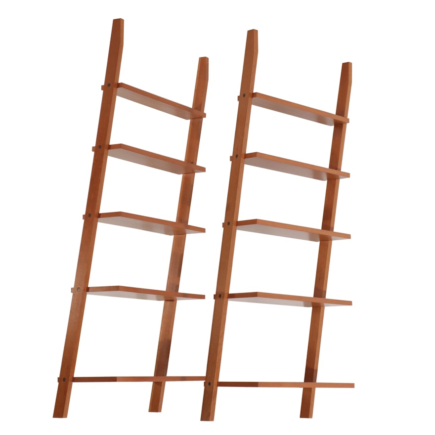 Pair of Cherrywood Five-Tier Leaning Ladder-Form Bookshelves