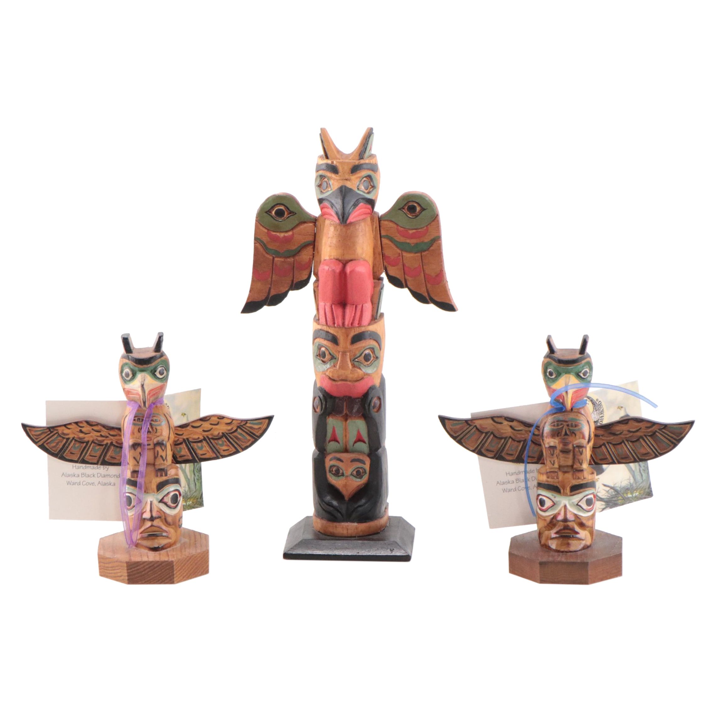 Alaskan Carved Wood Miniature Totem Sculpture