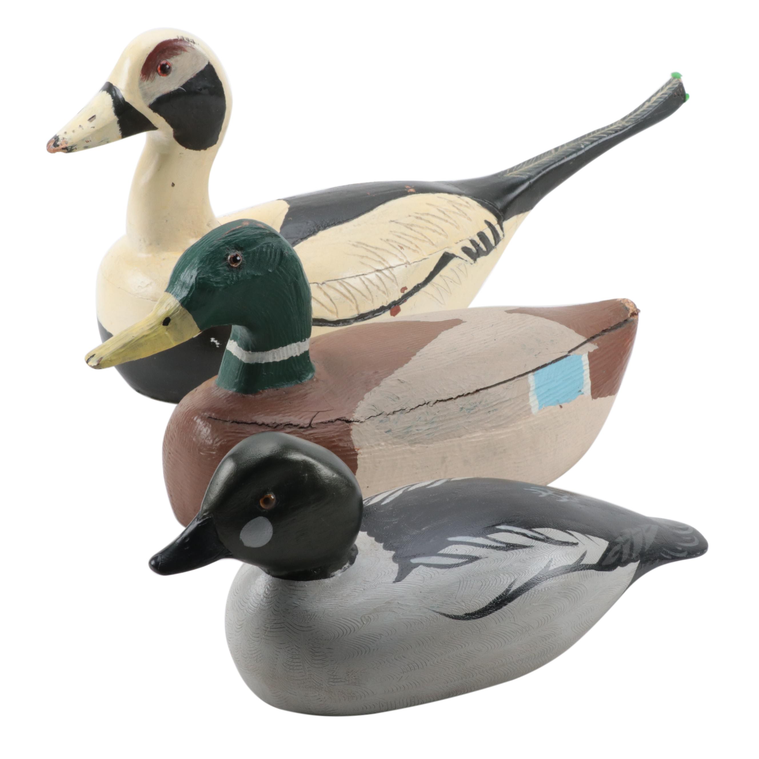 Artist Signed Hand-Carved Charles Moore Duck Decoy with More Wooden Duck Decoys