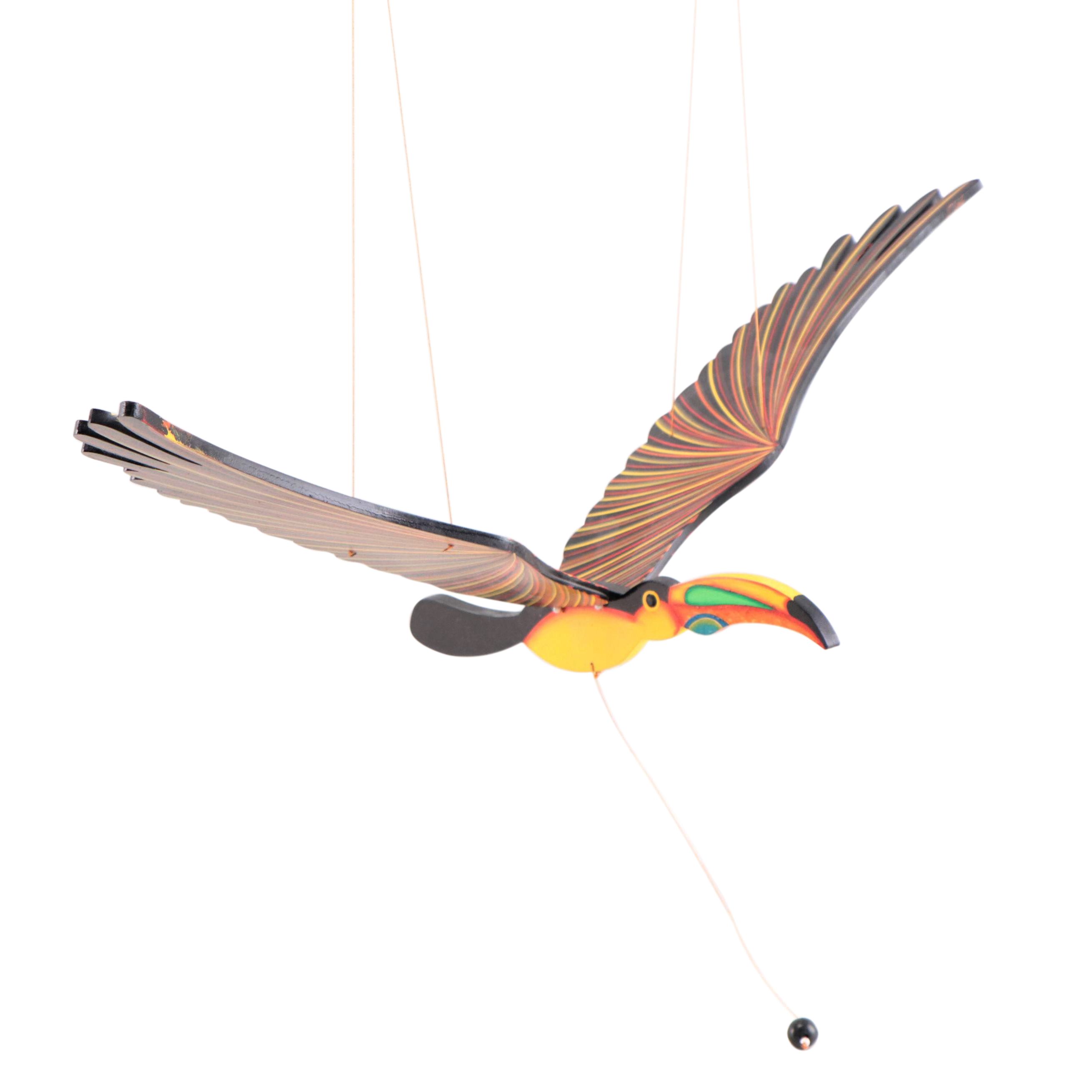 Kinetic Hand-Painted Carved Wood Hanging Sculpture of Toucan